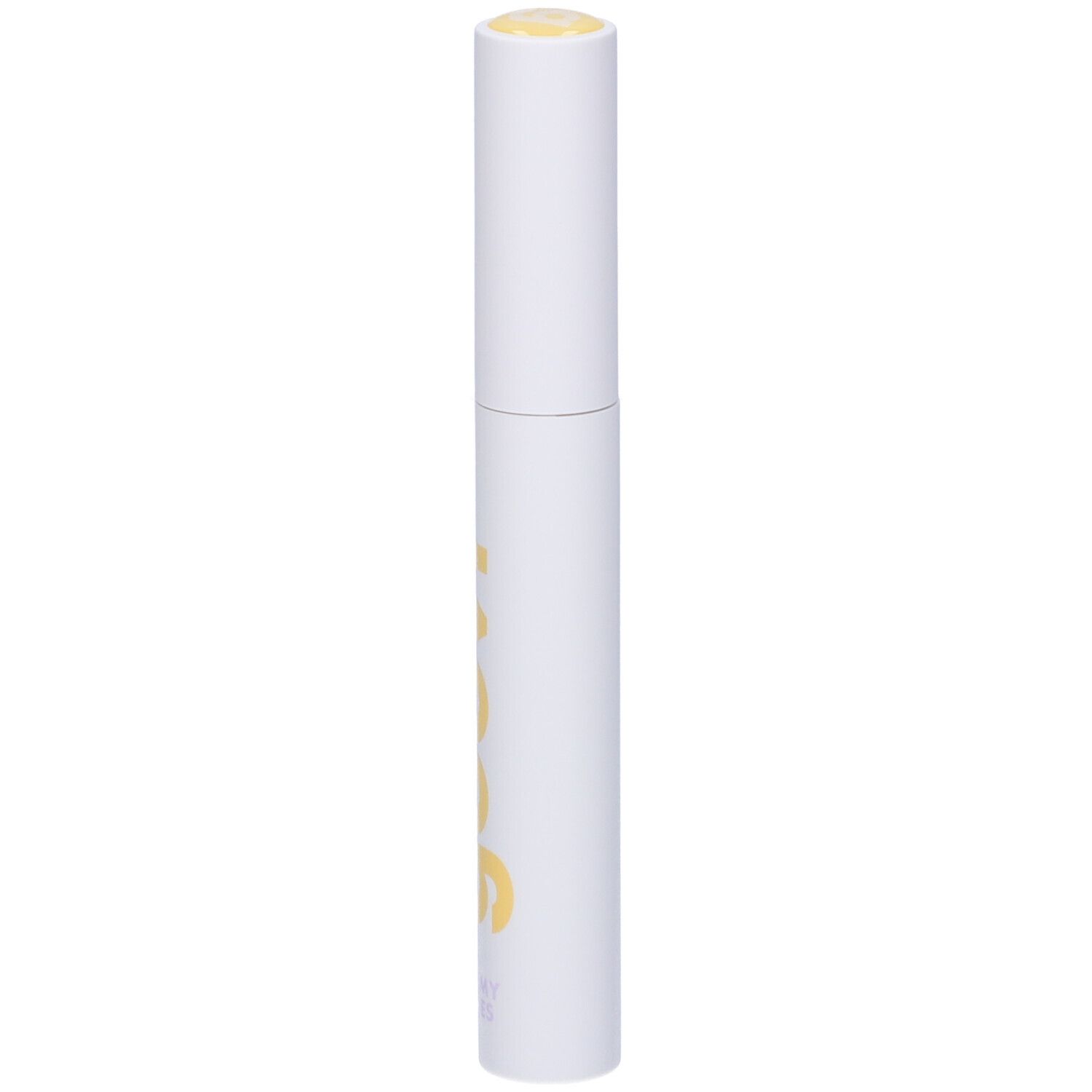 Tubo di mascara bianco con stampa gialla. Tappo giallo. Prodotto in piedi.