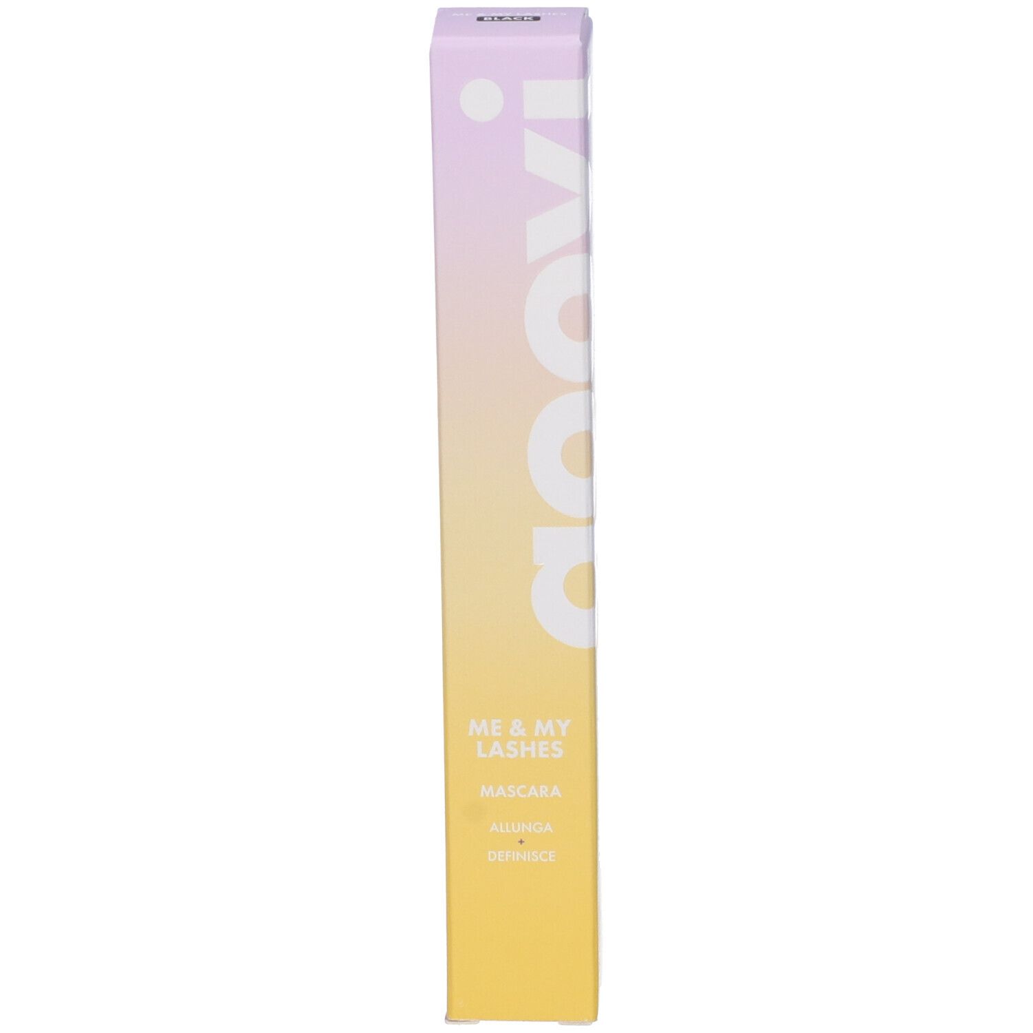 Confezione stretta con testo e logo "goovi" e "ME & MY LASHES". Sfumatura da giallo a viola.