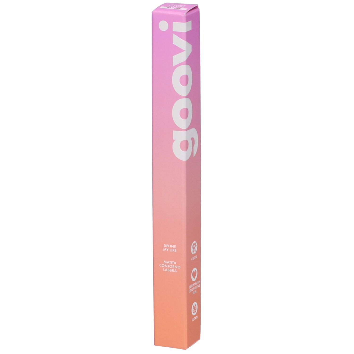 Confezione rosa-arancio con logo Goovi bianco. Testo: Define My Lips, Matita Labbra, Colore 02 Rose.