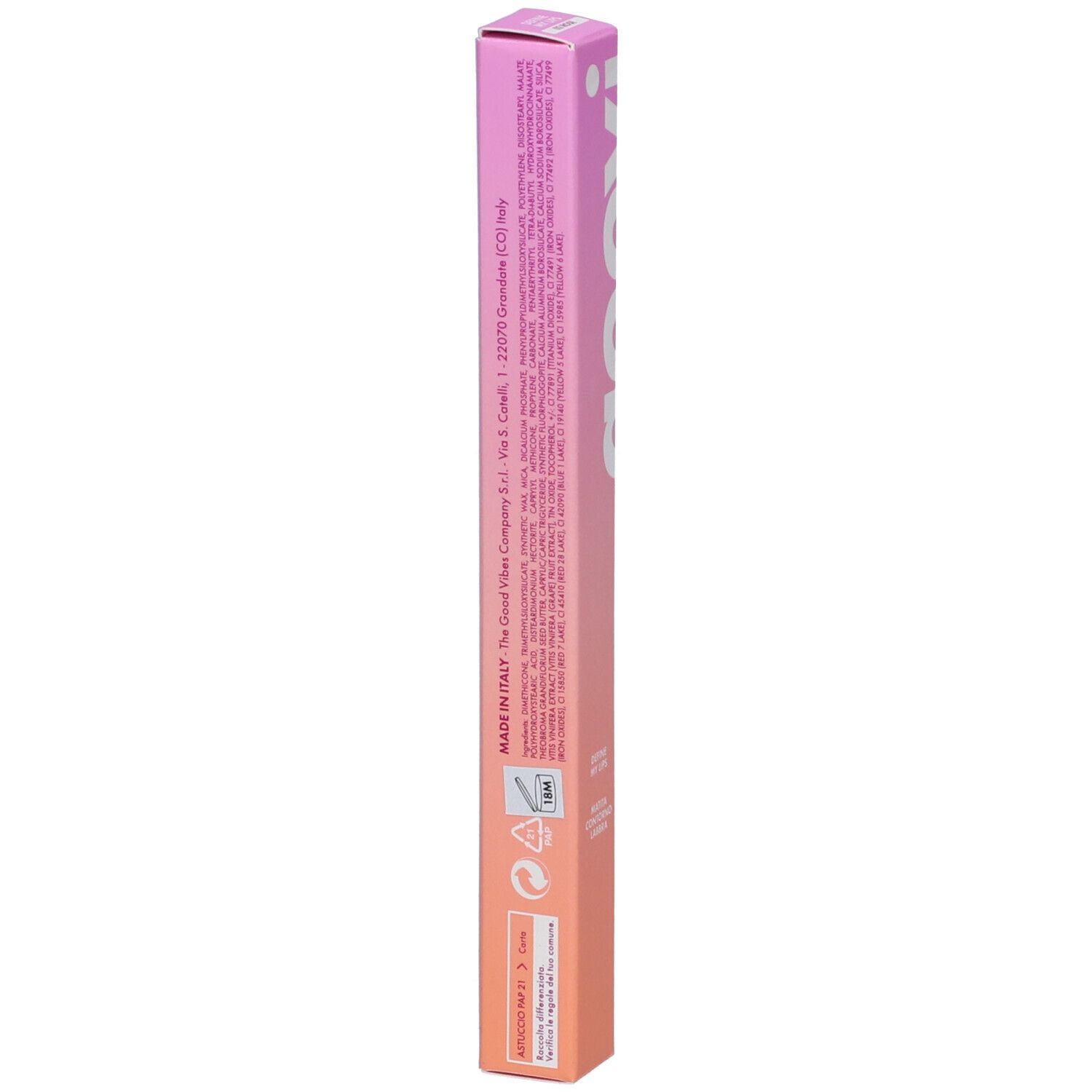 Retro confezione. Testo: Goovi, ingredienti, origine Italia, simboli riciclo, 1,5 ml.