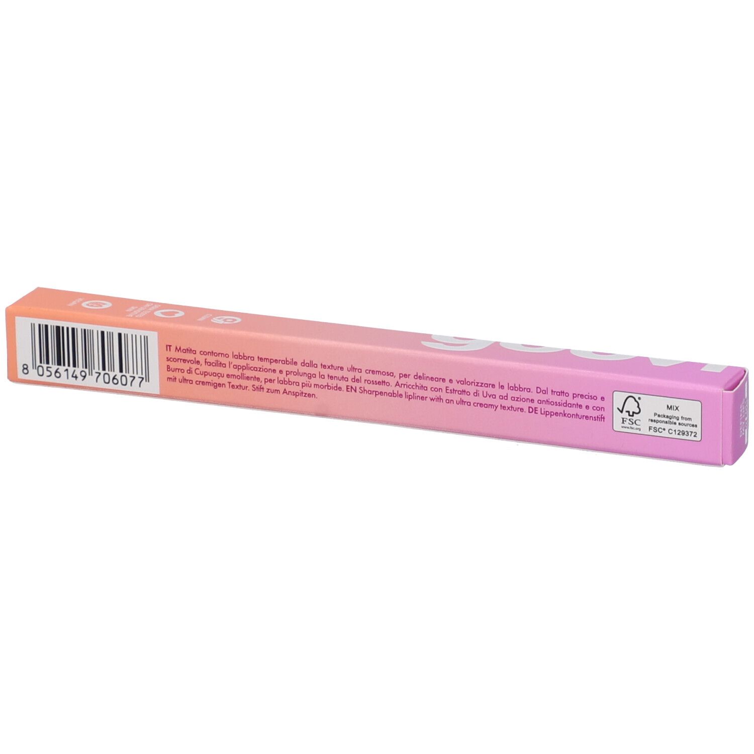 Confezione, lato superiore. Testo: Goovi, codice a barre, logo FSC, testo su ingredienti e uso.