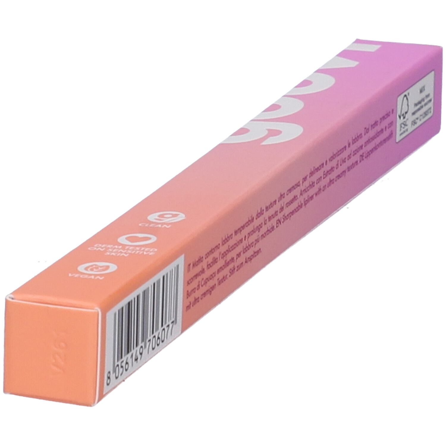 Confezione, diagonale. Testo: Goovi, codice a barre, logo FSC, simboli Vegan, testo ingredienti.