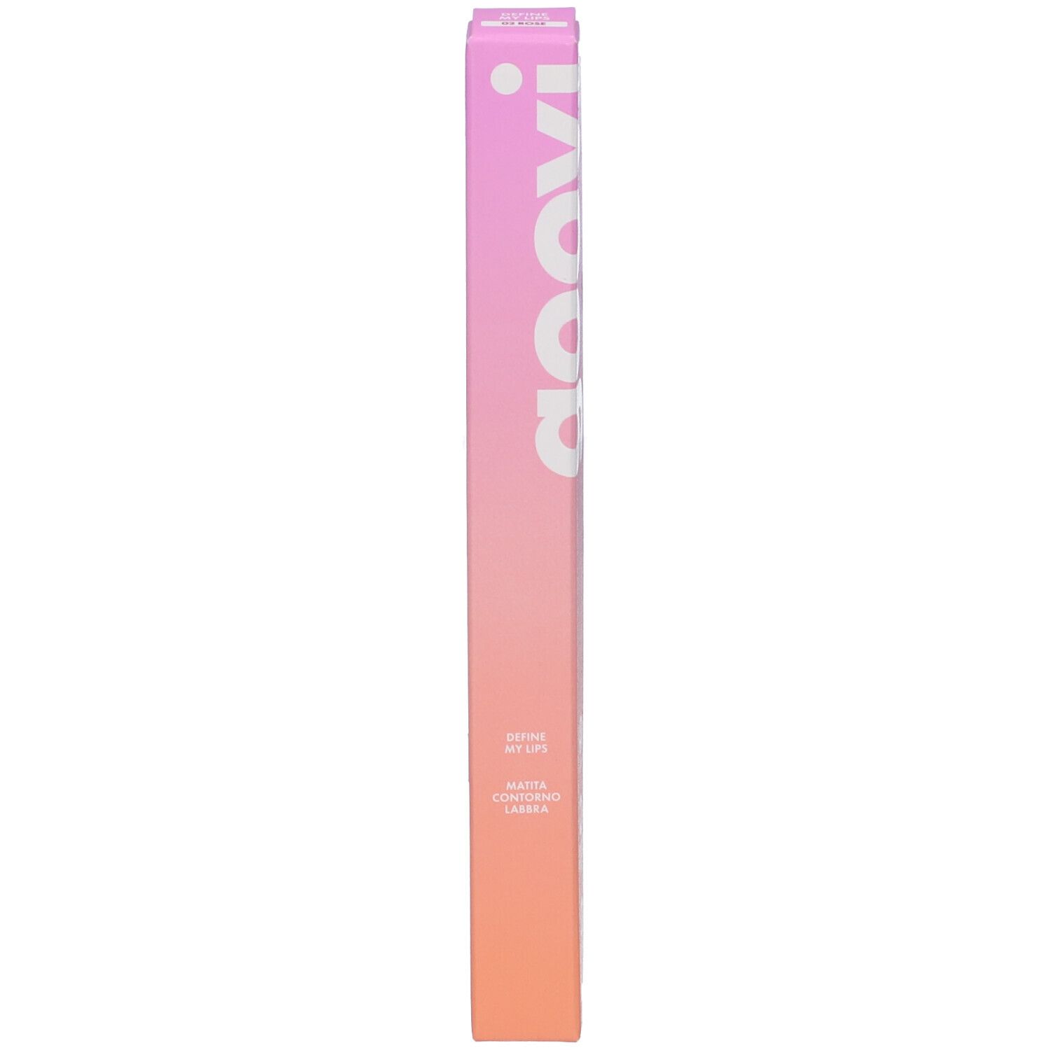 Confezione rosa-arancio con logo Goovi bianco. Testo: Define My Lips, Matita Labbra.