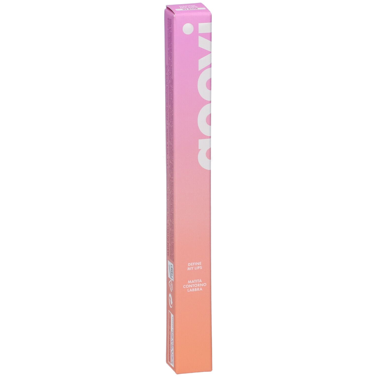 Confezione rosa-arancio con logo Goovi bianco. Testo: Define My Lips, Matita Labbra, Vegan.