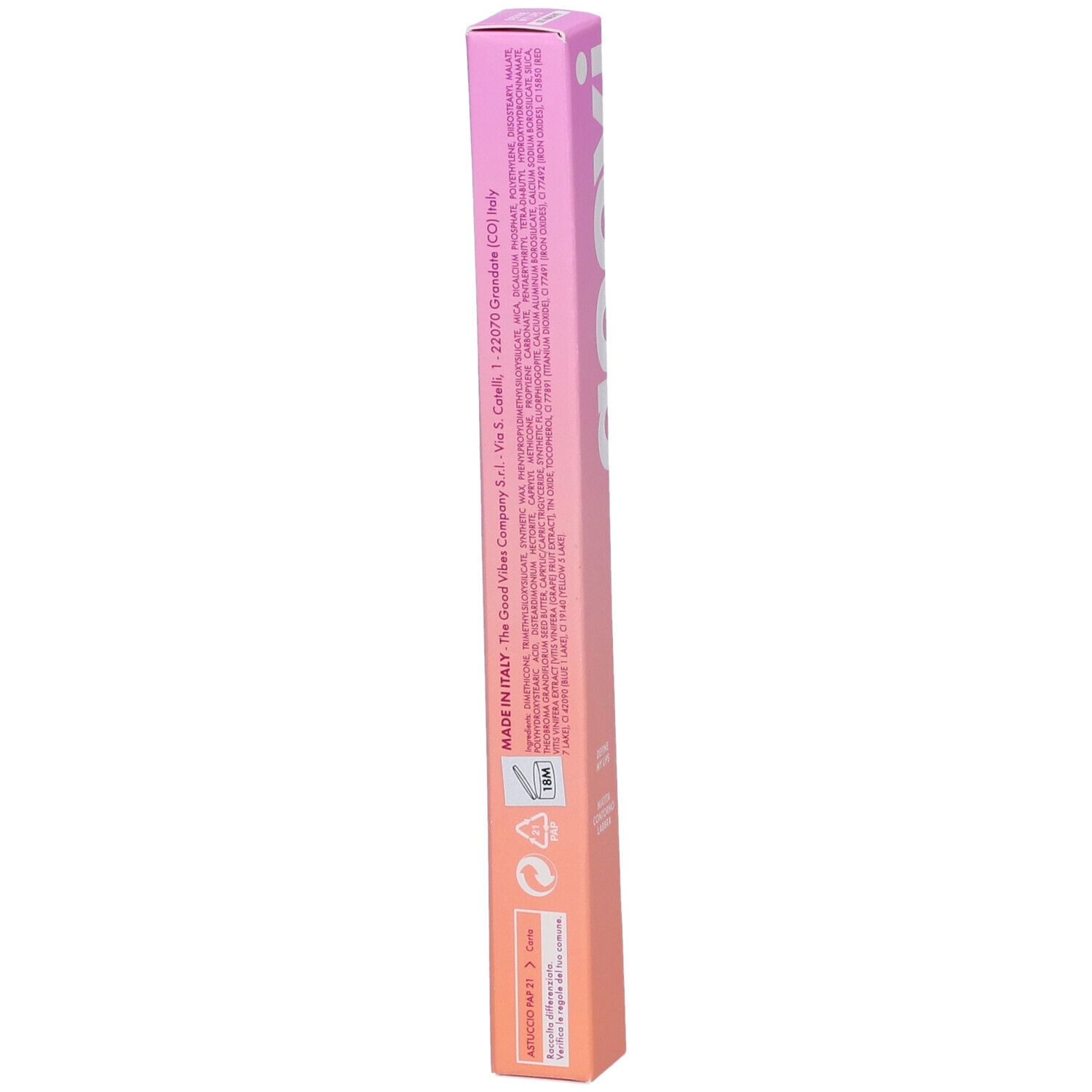 Confezione rossetto Goovi. Lato con testo e loghi. Made in Italy. Simboli riciclo e ambientali.