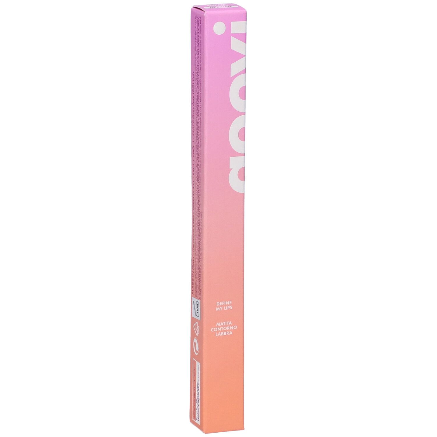 Confezione rossetto Goovi. Sfumatura rosa-arancio. Scritta Goovi. Nome prodotto e caratteristiche.
