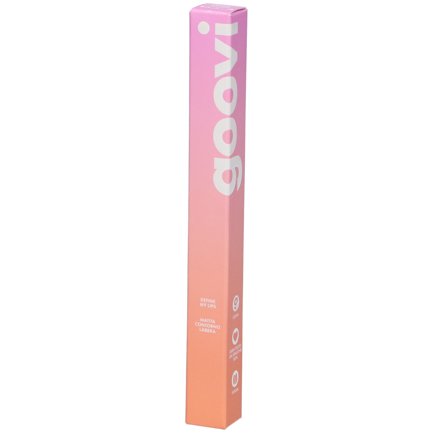 Confezione lunga e sottile con sfumatura rosa-arancio. Logo Goovi bianco. Testo: Define My Lips, Matita Contorno Labbra.