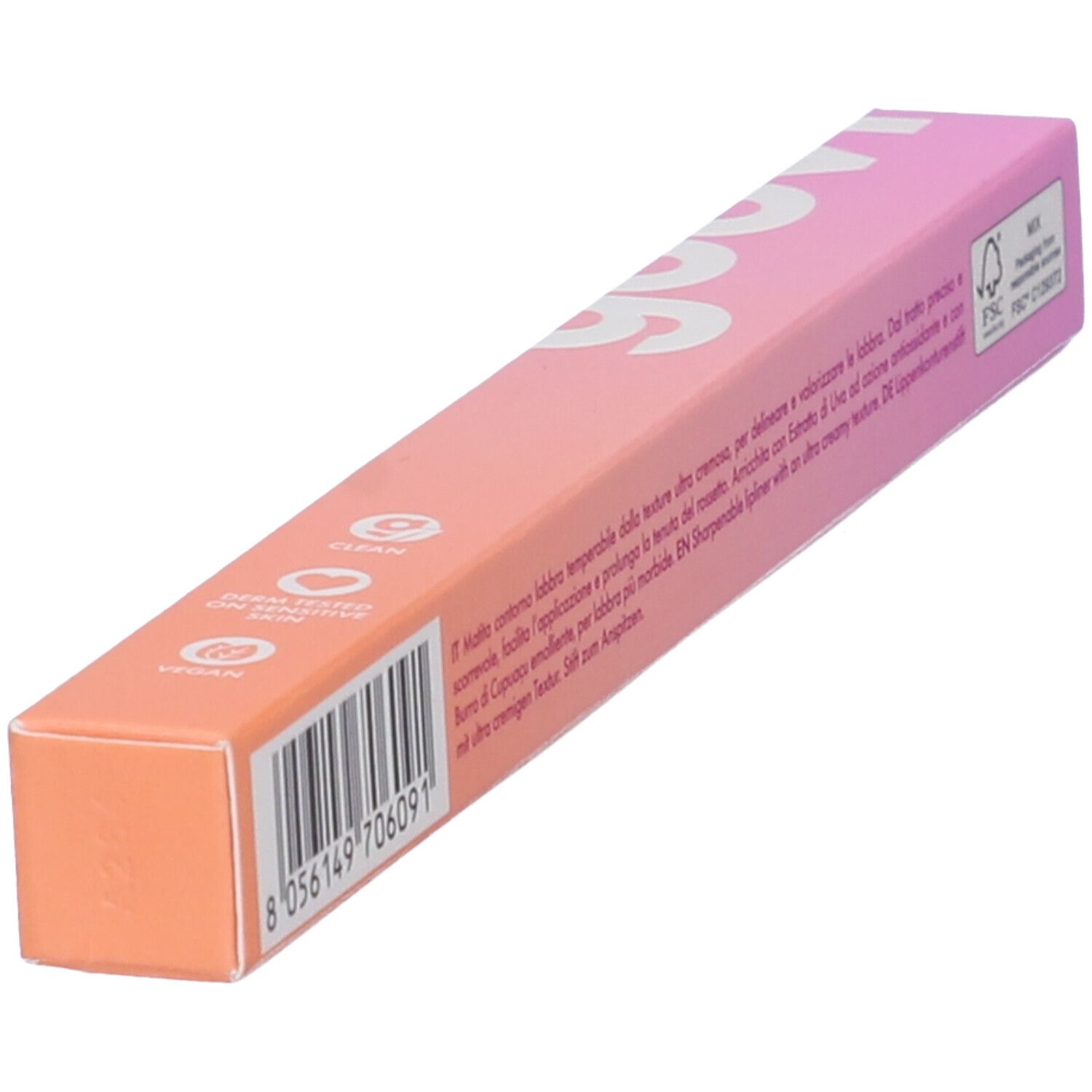 Vista obliqua confezione con sfumatura. Logo Goovi. Testo e simboli: ingredienti, riciclo, certificazione FSC.
