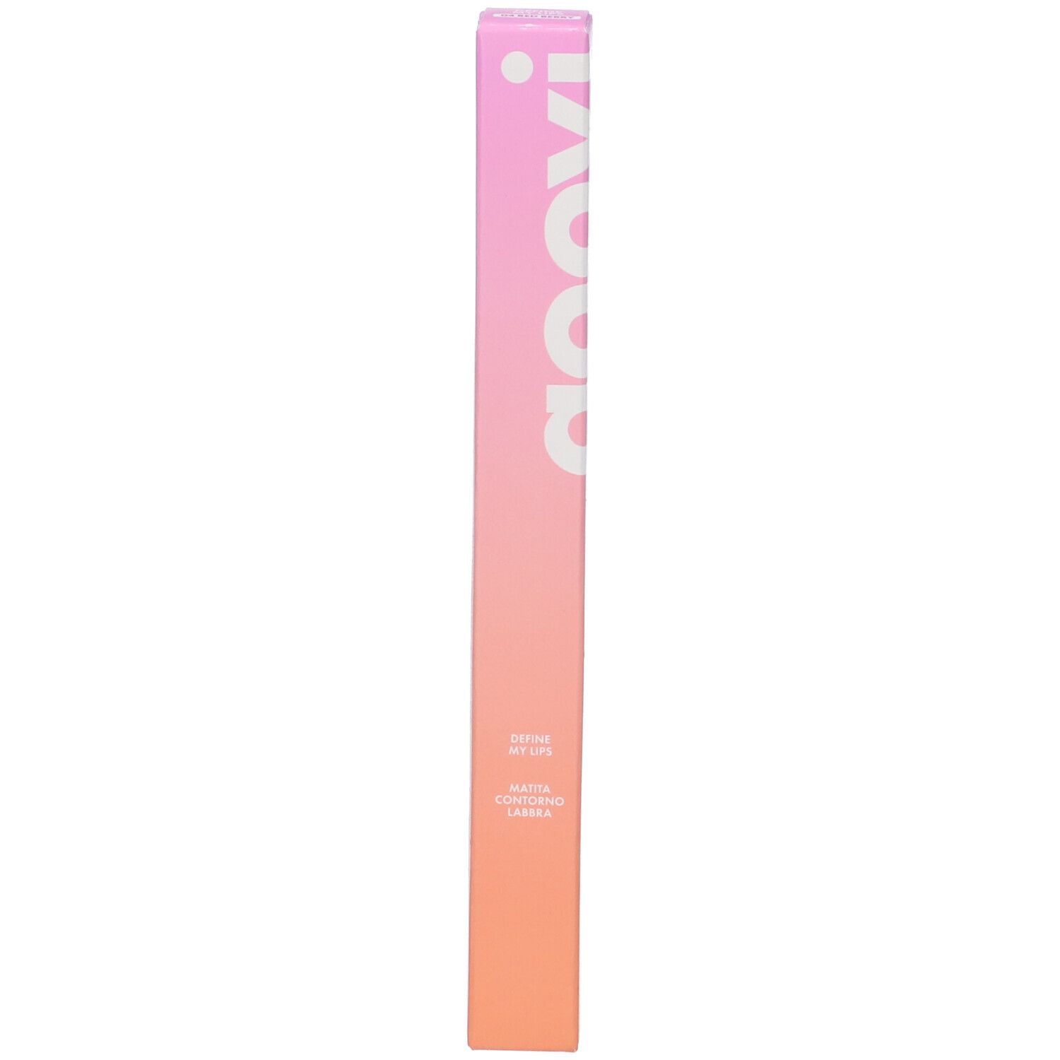Confezione lunga e sottile con sfumatura rosa-arancio. Logo Goovi bianco. Testo: Define My Lips, Matita Contorno Labbra.