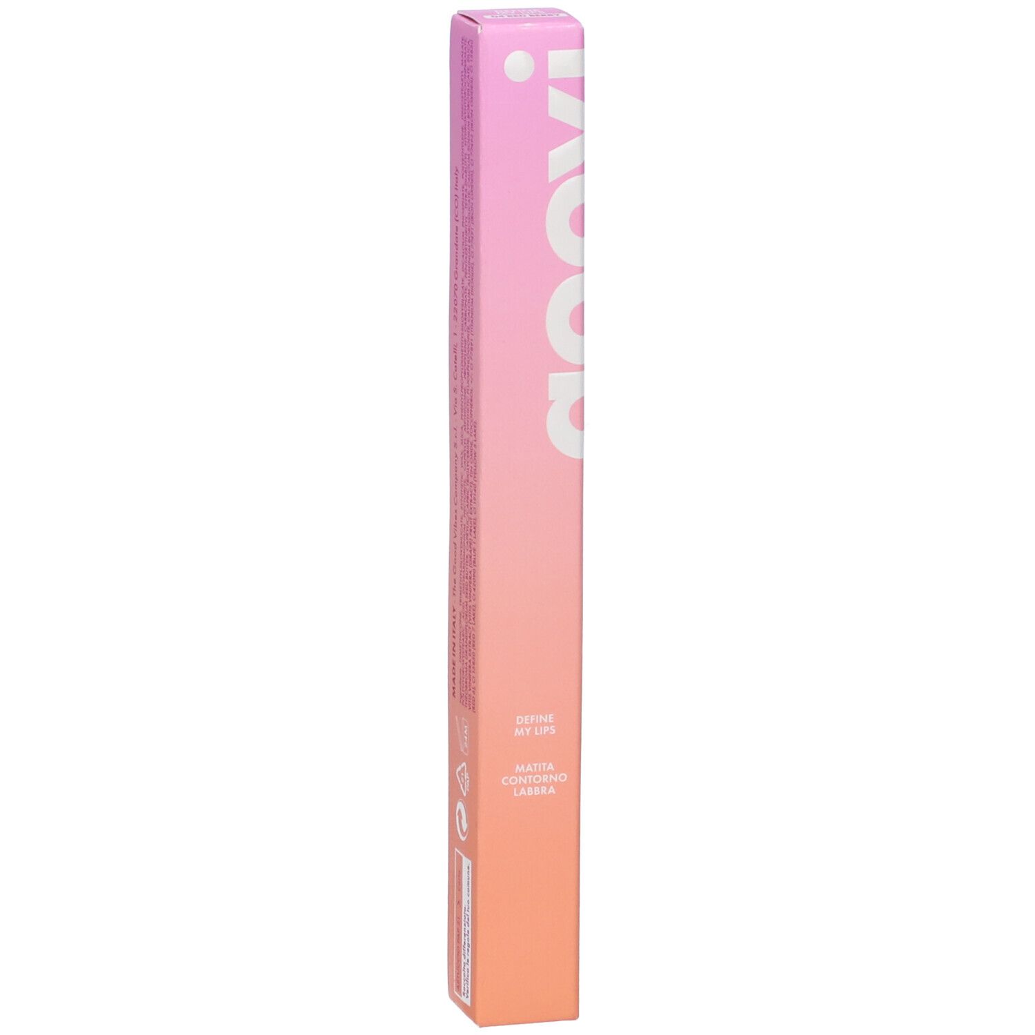 Confezione lunga e sottile con sfumatura rosa-arancio. Logo Goovi bianco. Testo: Define My Lips, Matita Contorno Labbra.