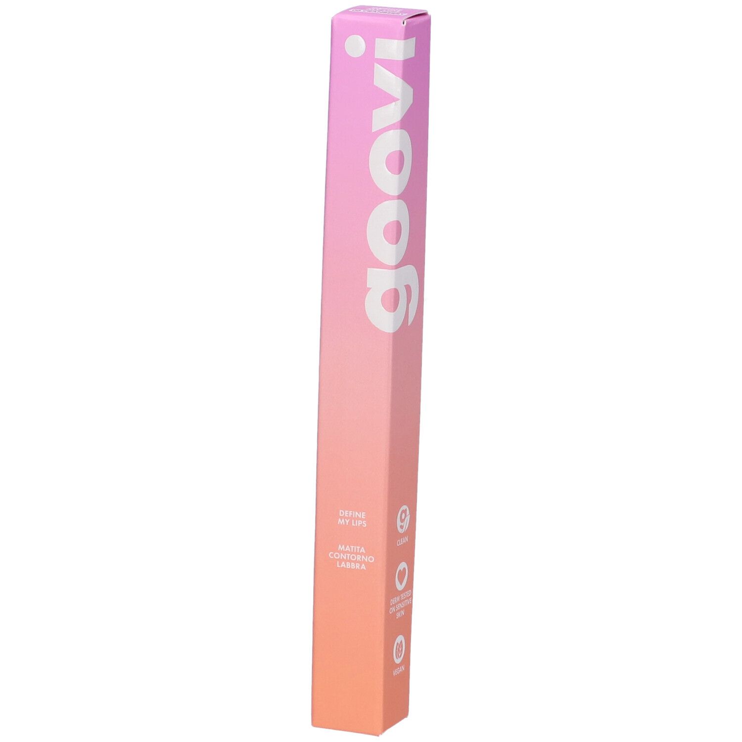 Confezione Goovi matita labbra, sfumatura rosa-arancio. Scritta Goovi. Nome prodotto e caratteristiche.