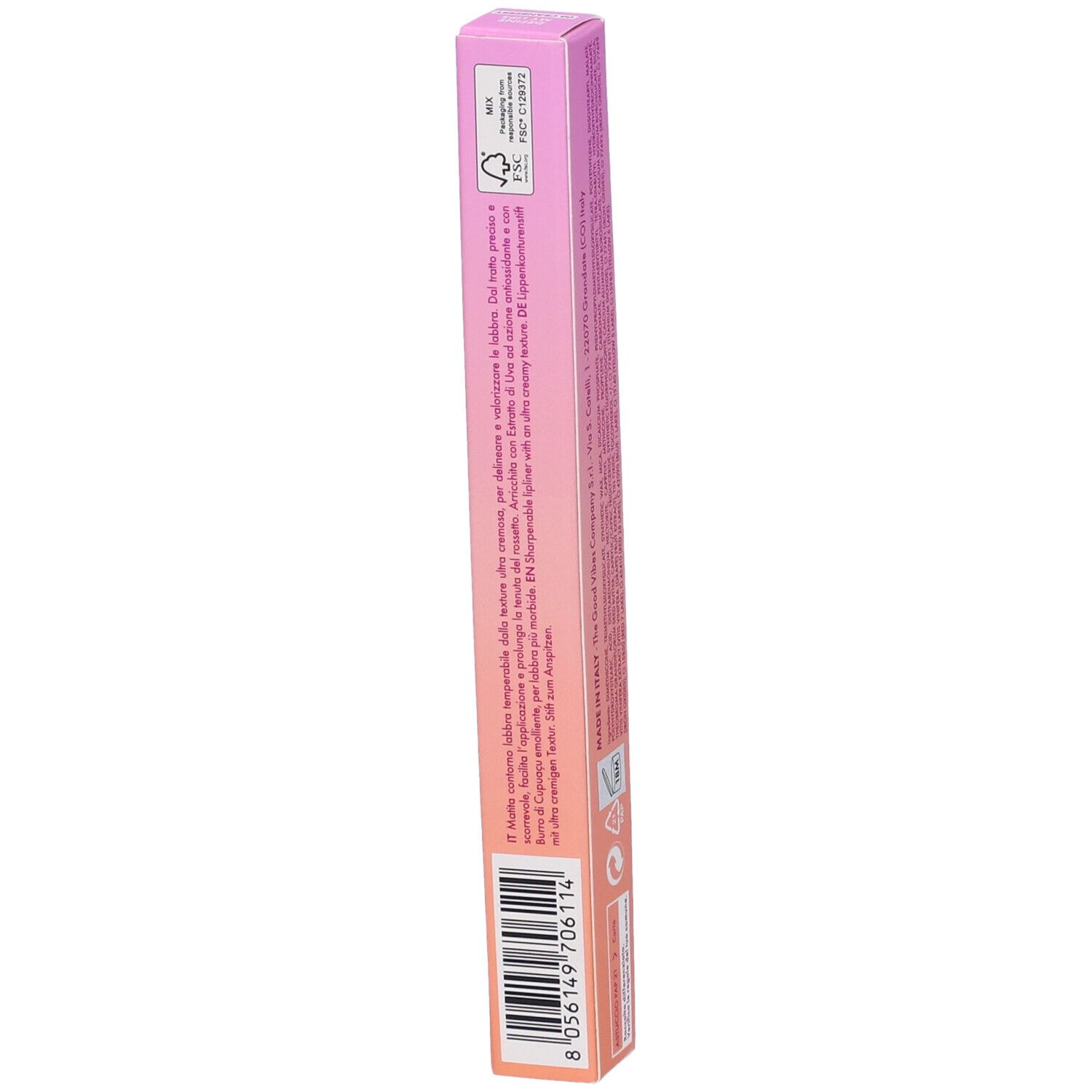 Confezione matita labbra Goovi, lato con testo e codice a barre. Ingredienti e informazioni produttore.