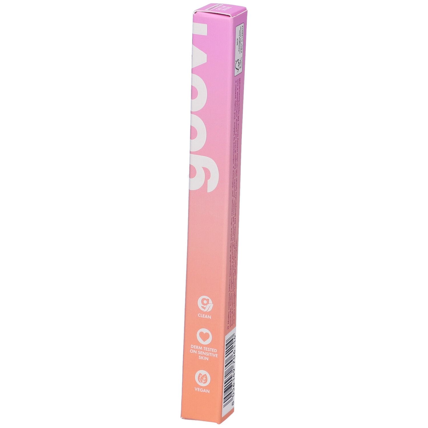 Confezione matita labbra Goovi, lato con simboli. Clean, vegan, ecc. Caratteristiche del prodotto.