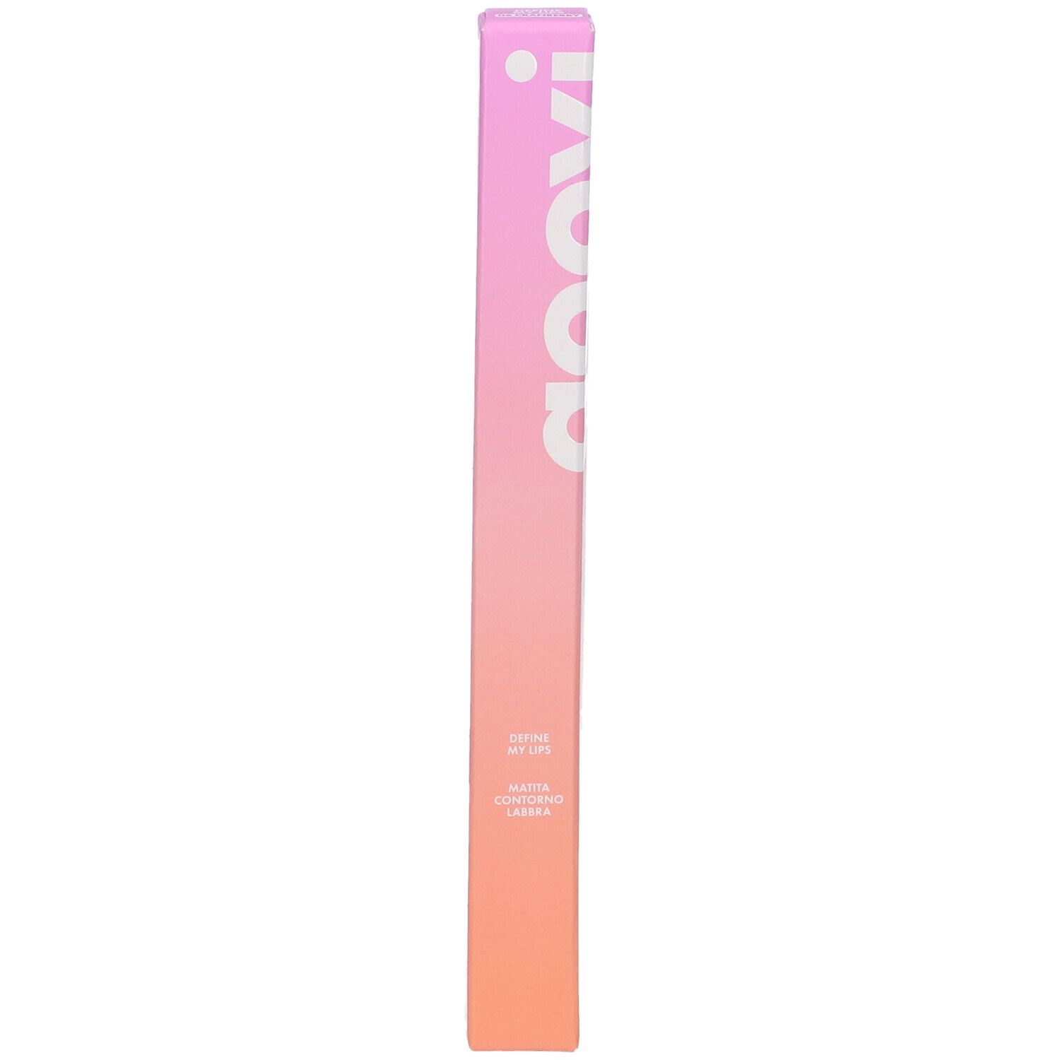 Confezione Goovi matita labbra, sfumatura rosa-arancio. Scritta Goovi. Nome prodotto e caratteristiche.