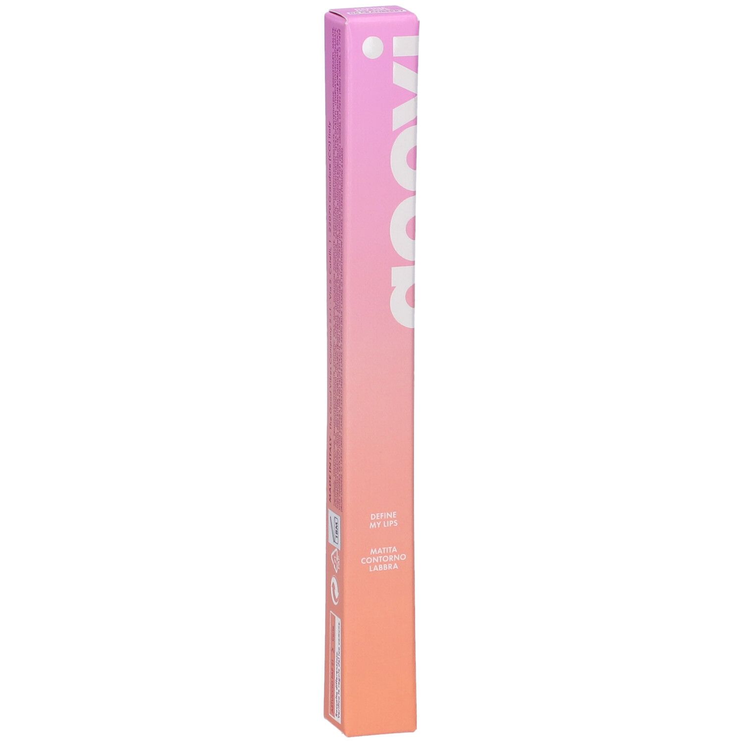 Confezione Goovi matita labbra, sfumatura rosa-arancio. Scritta Goovi. Nome prodotto e caratteristiche.
