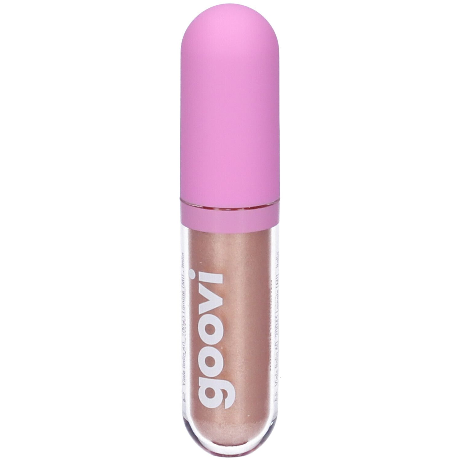 Ombretto liquido in flacone trasparente con tappo rosa. Il nome Goovi è stampato.