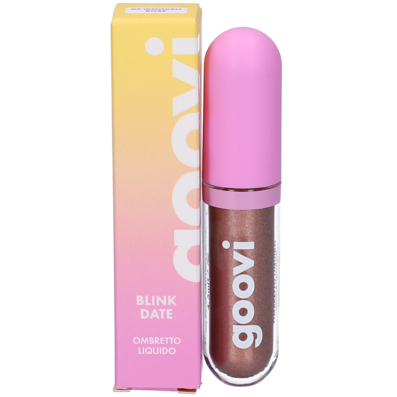 Ombretto liquido con tappo rosa e confezione. Marchio Goovi, nome del prodotto Blink Date Ombretto Liquido.
