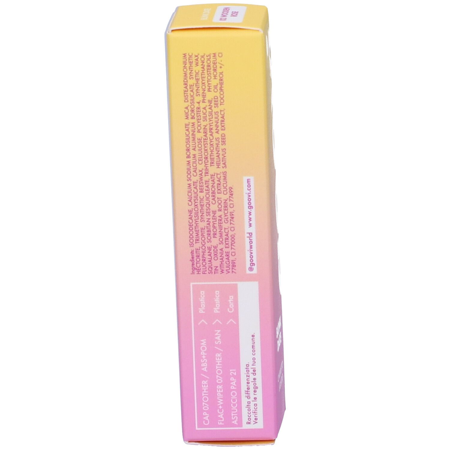 Confezione dell'ombretto liquido. Ingredienti e informazioni sul lato. Marchio Goovi.