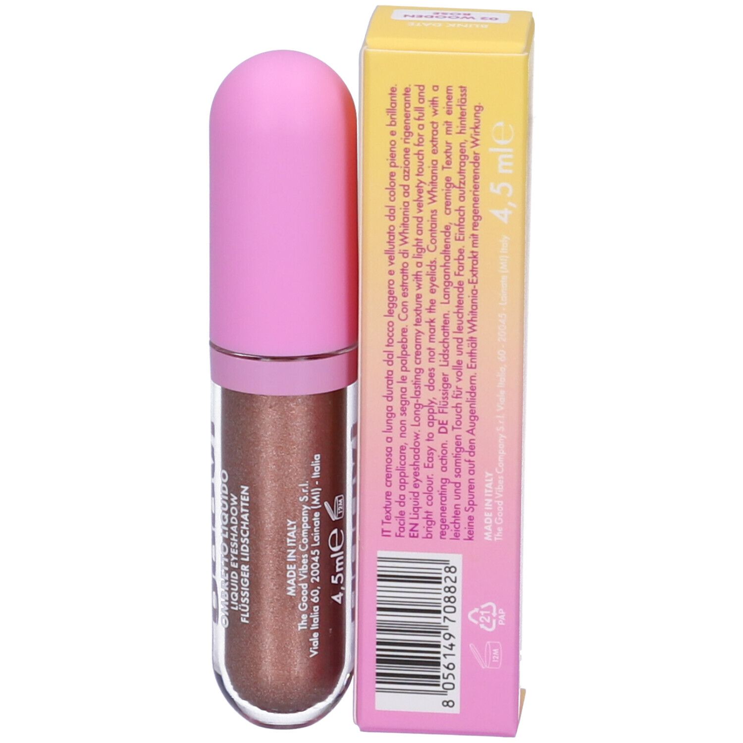 Ombretto liquido con tappo rosa e confezione. Marchio Goovi, nome del prodotto Ombretto Liquido. 4,5 ml.