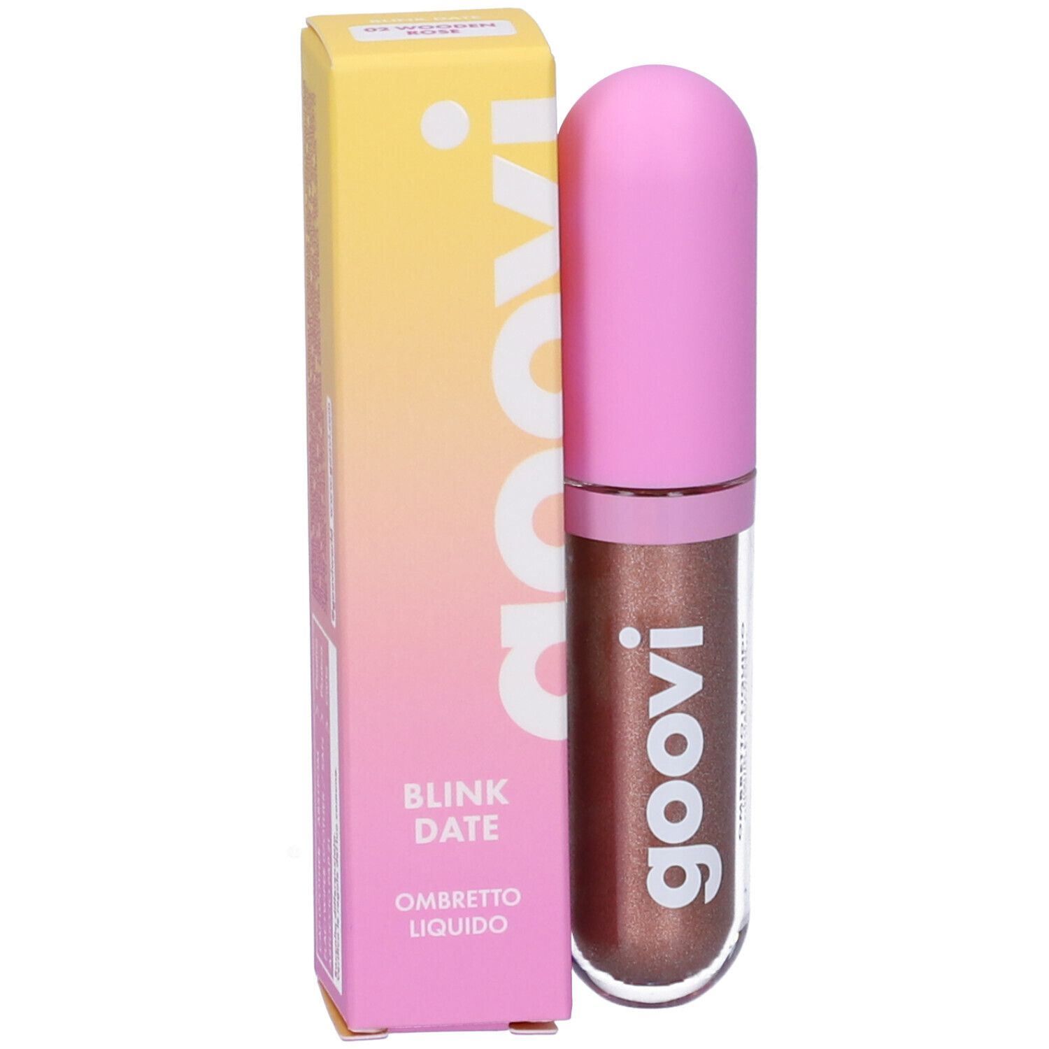 Ombretto liquido con tappo rosa e confezione. Marchio Goovi, nome del prodotto Blink Date Ombretto Liquido.