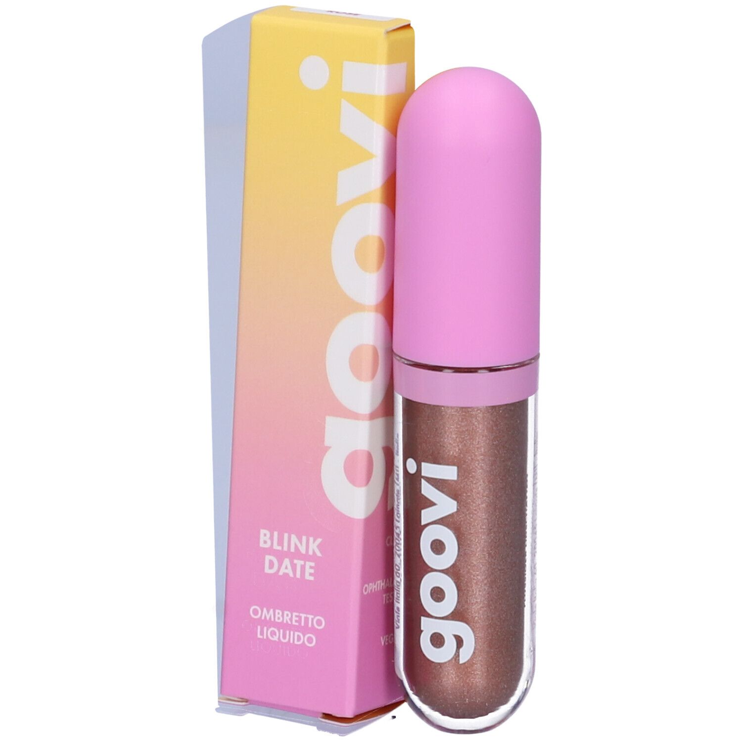 Ombretto liquido con tappo rosa e confezione. Marchio Goovi, nome del prodotto Blink Date Ombretto Liquido.