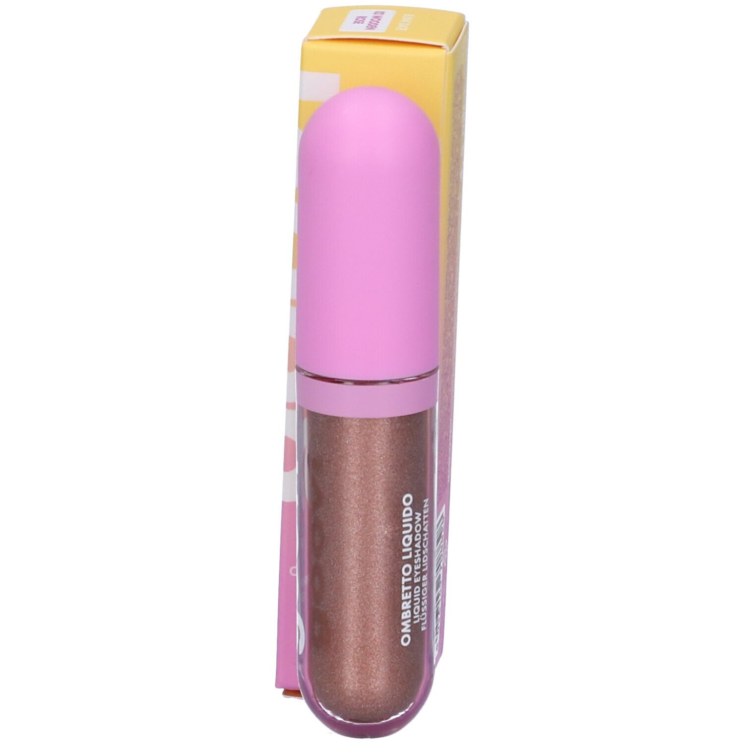 Ombretto liquido con tappo rosa e confezione. Marchio Goovi, nome del prodotto Ombretto Liquido.
