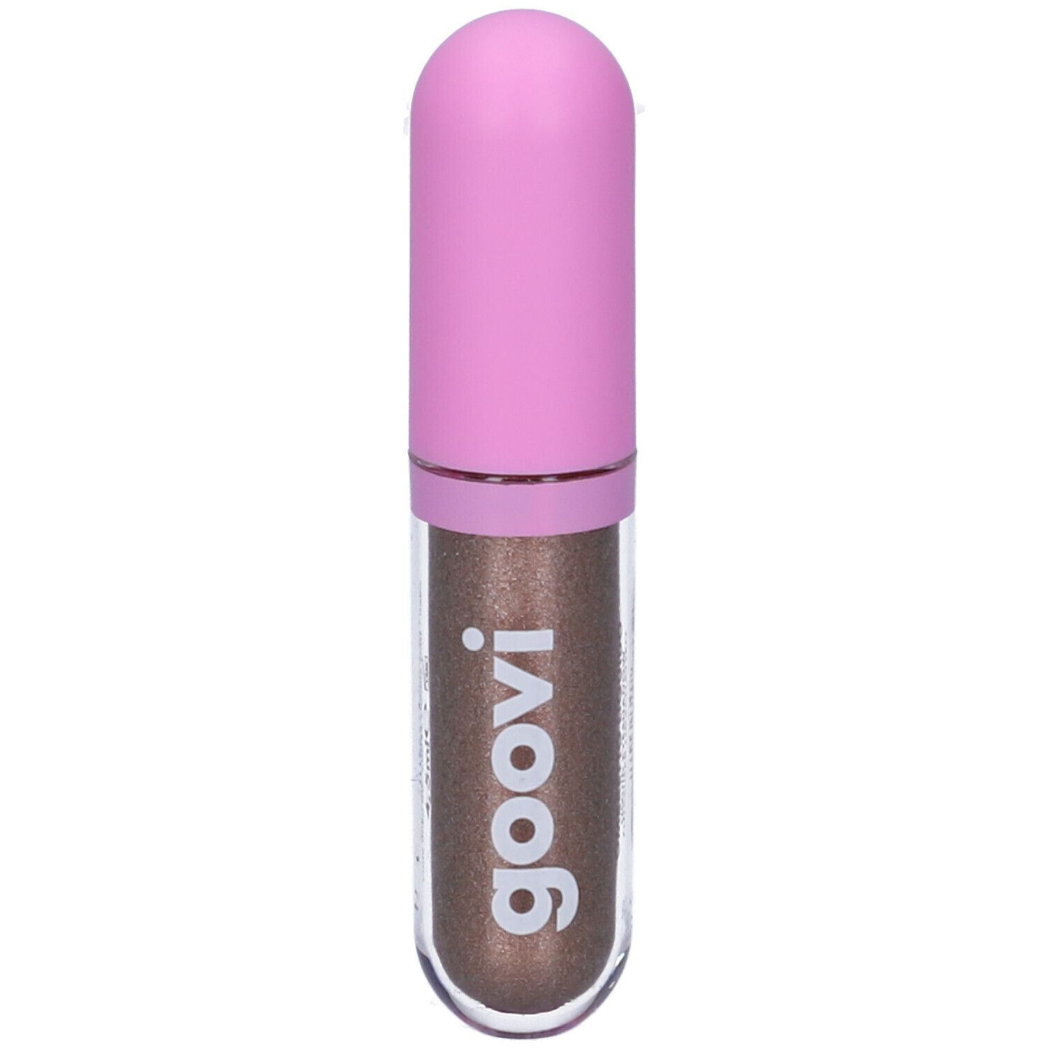 Ombretto liquido con tappo rosa. Contenitore trasparente con contenuto marrone. Logo Goovi.