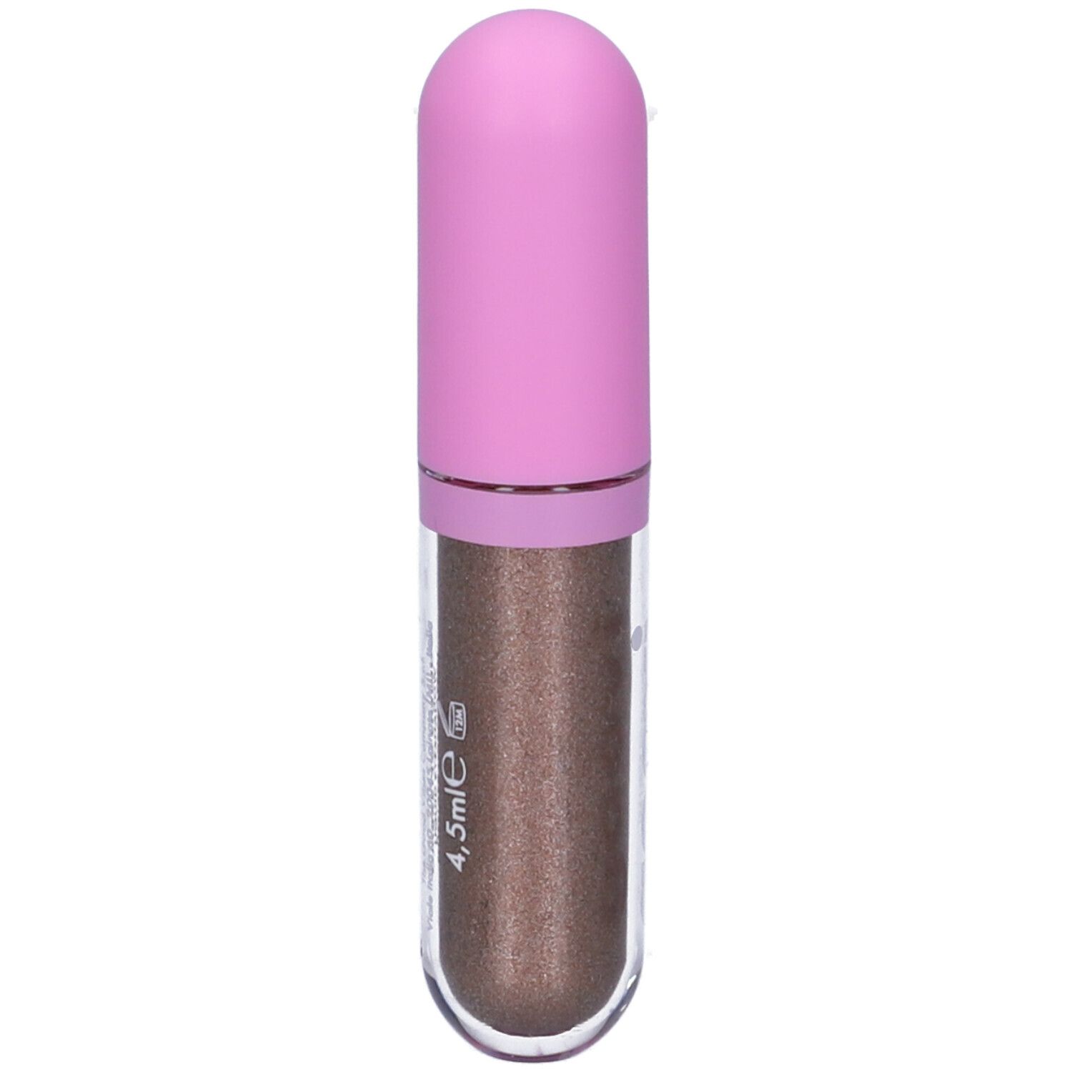 Ombretto liquido con tappo rosa. Contenitore trasparente con contenuto marrone. Logo Goovi.