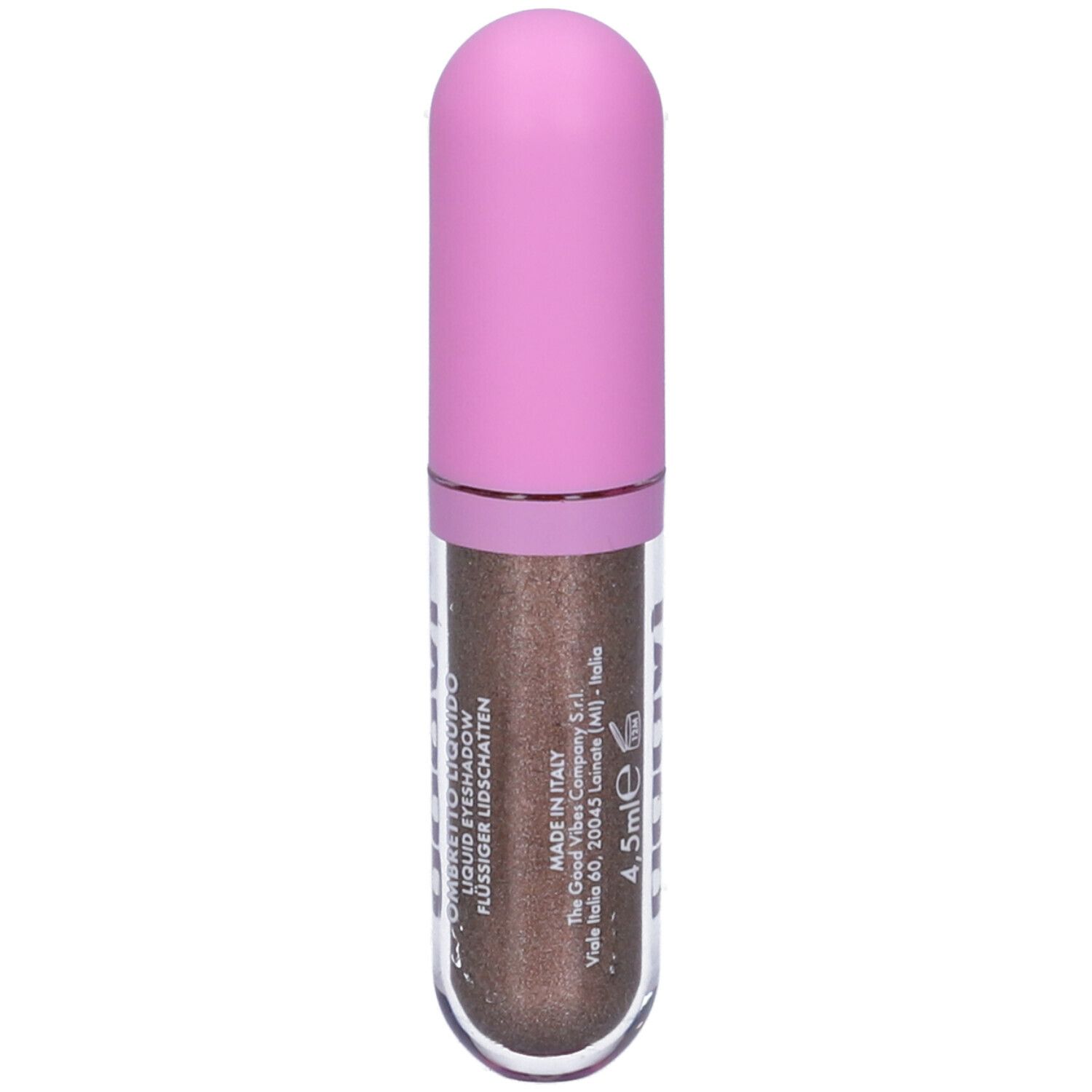 Ombretto liquido con tappo rosa. Contenitore trasparente con contenuto marrone. Logo Goovi.