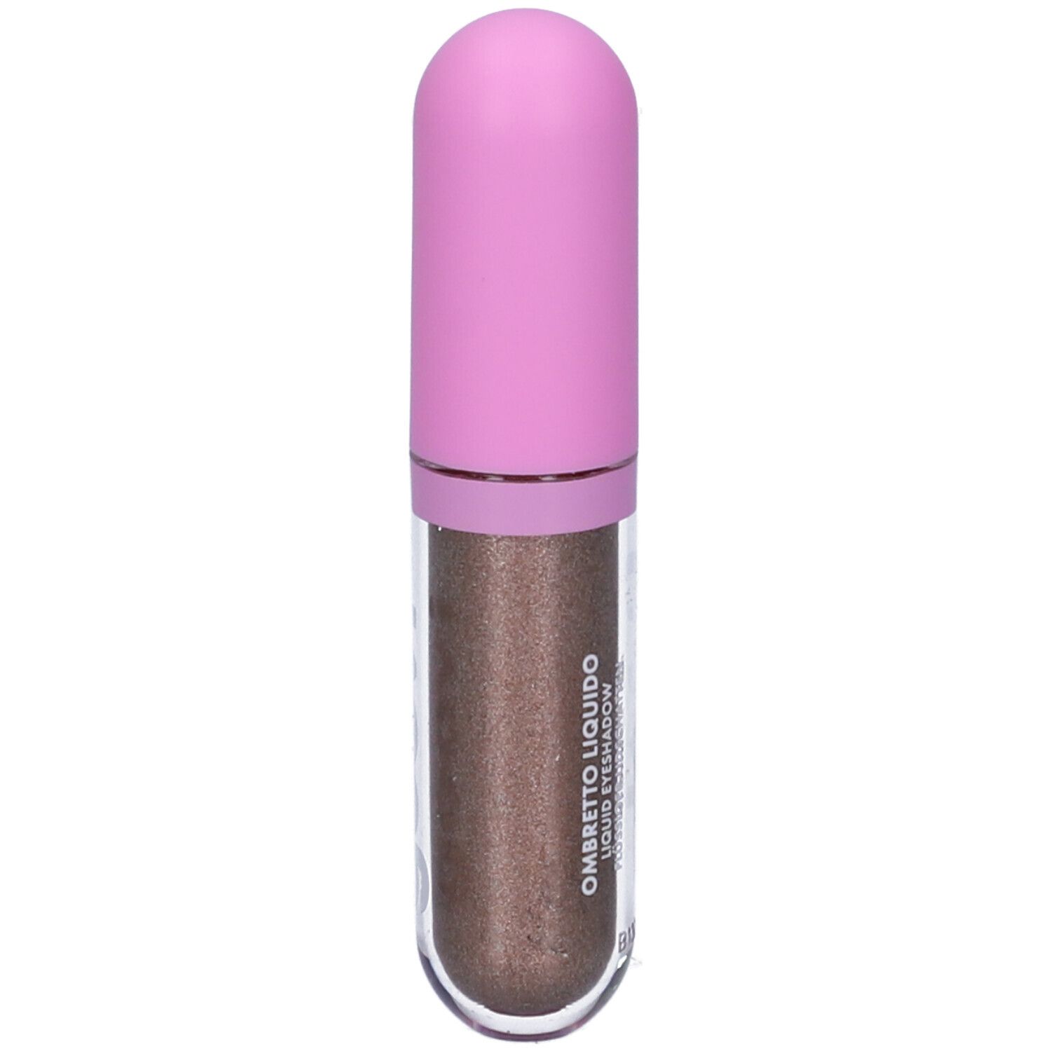 Ombretto liquido con tappo rosa. Contenitore trasparente con contenuto marrone. Logo Goovi.