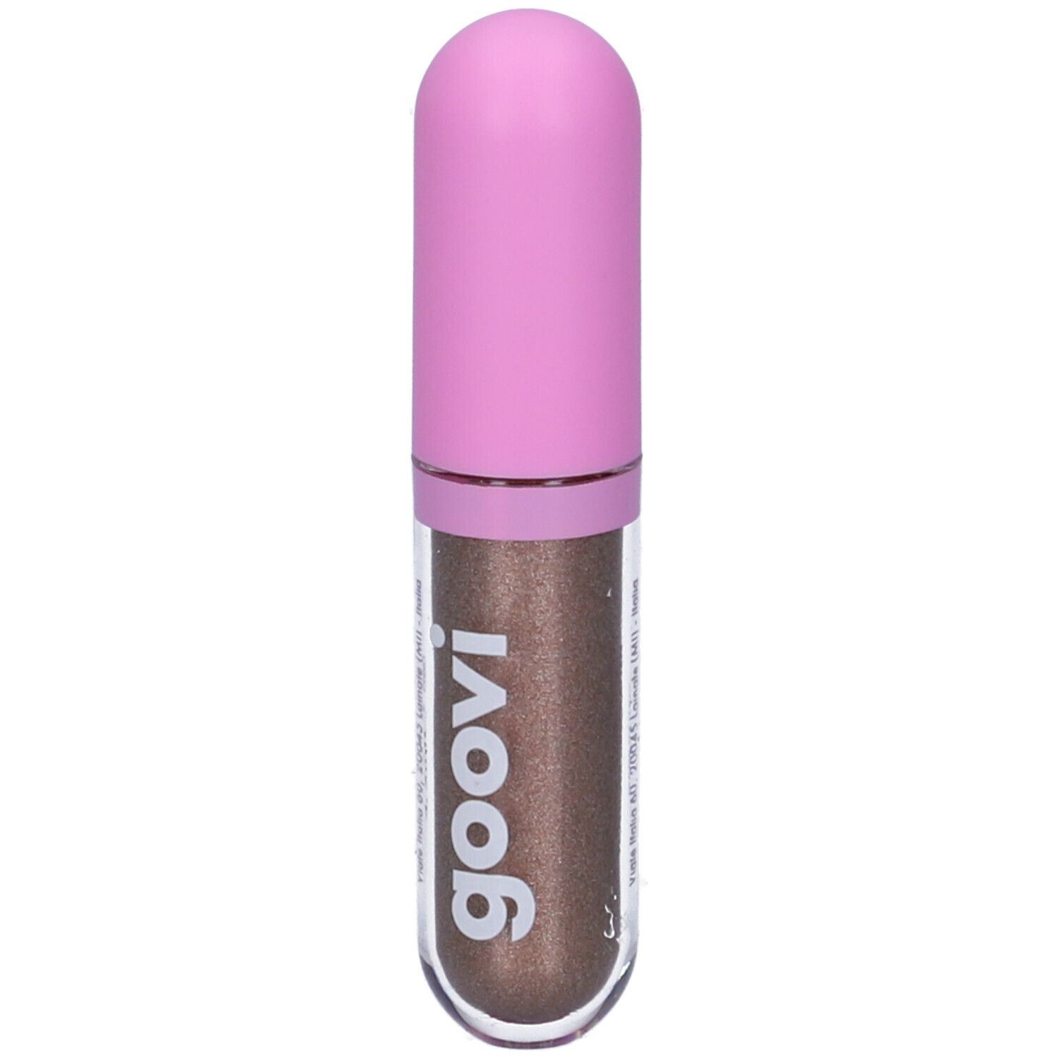 Ombretto liquido con tappo rosa. Contenitore trasparente con contenuto marrone. Logo Goovi.
