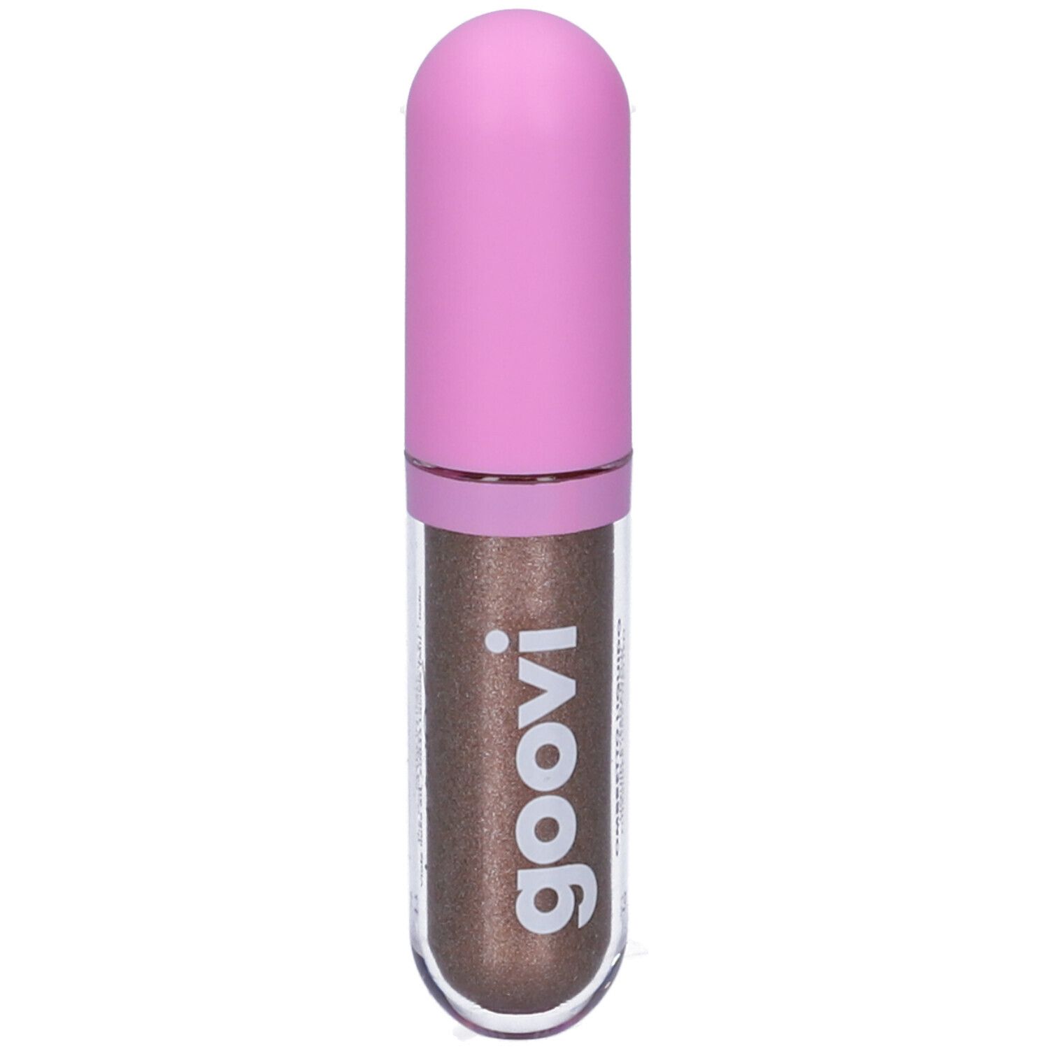 Ombretto liquido con tappo rosa. Contenitore trasparente con contenuto marrone. Logo Goovi.