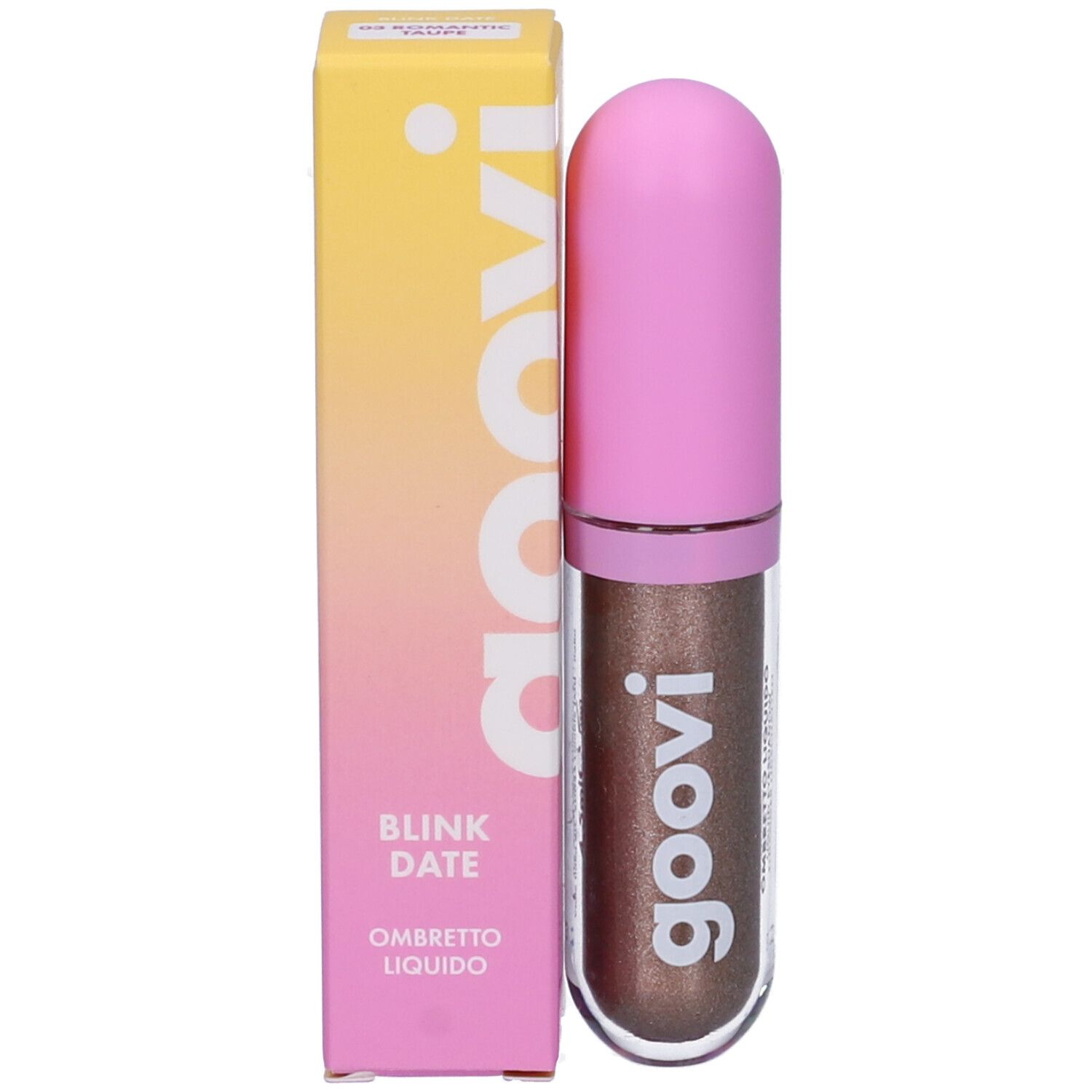 Ombretto liquido con tappo rosa e confezione. Sulla confezione Goovi, Blink Date, Ombretto Liquido.