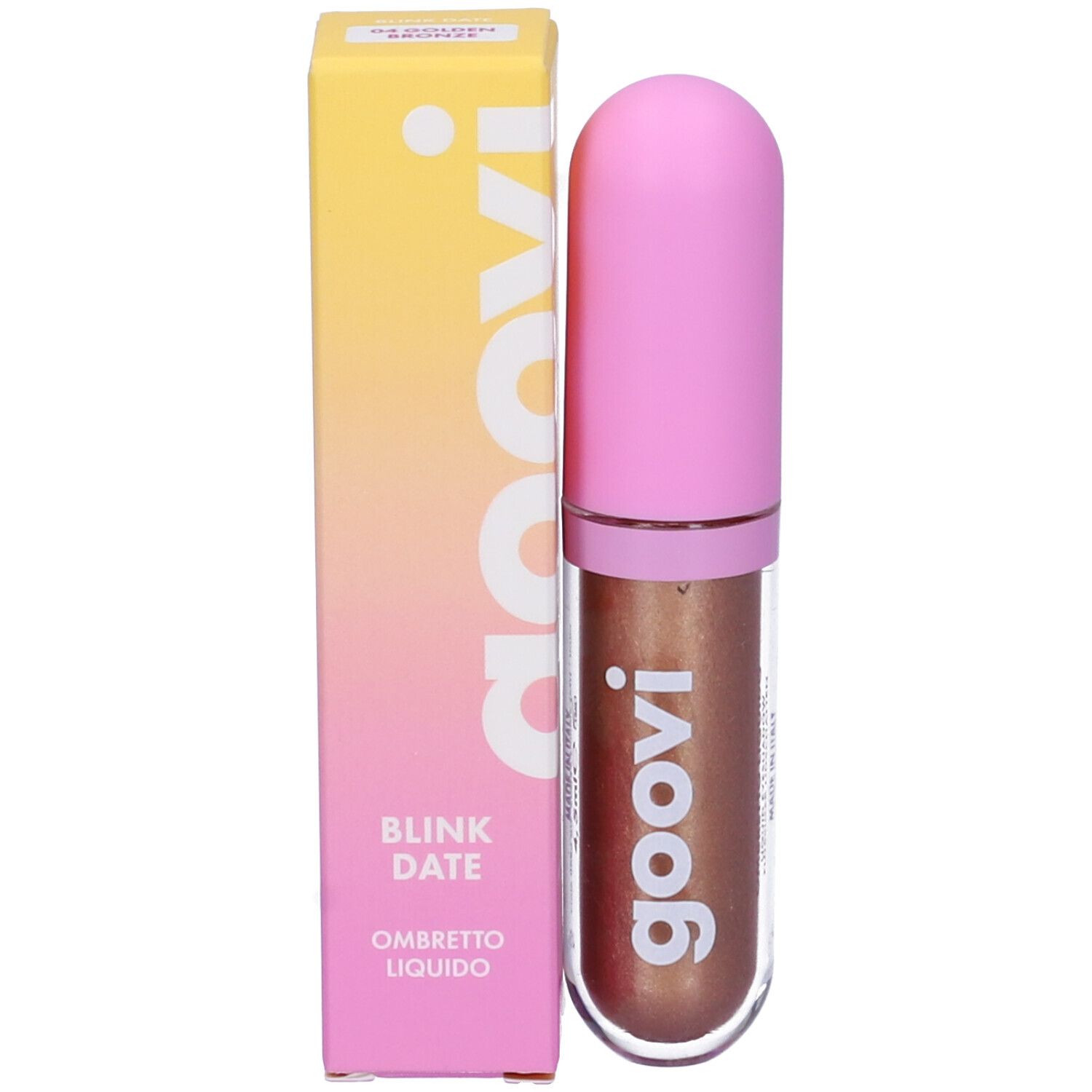 Goovi Ombretto Liquido, Golden Bronze. Flacone e confezione. Tappo rosa, liquido marrone dorato. Confezione giallo-rosa con testo.