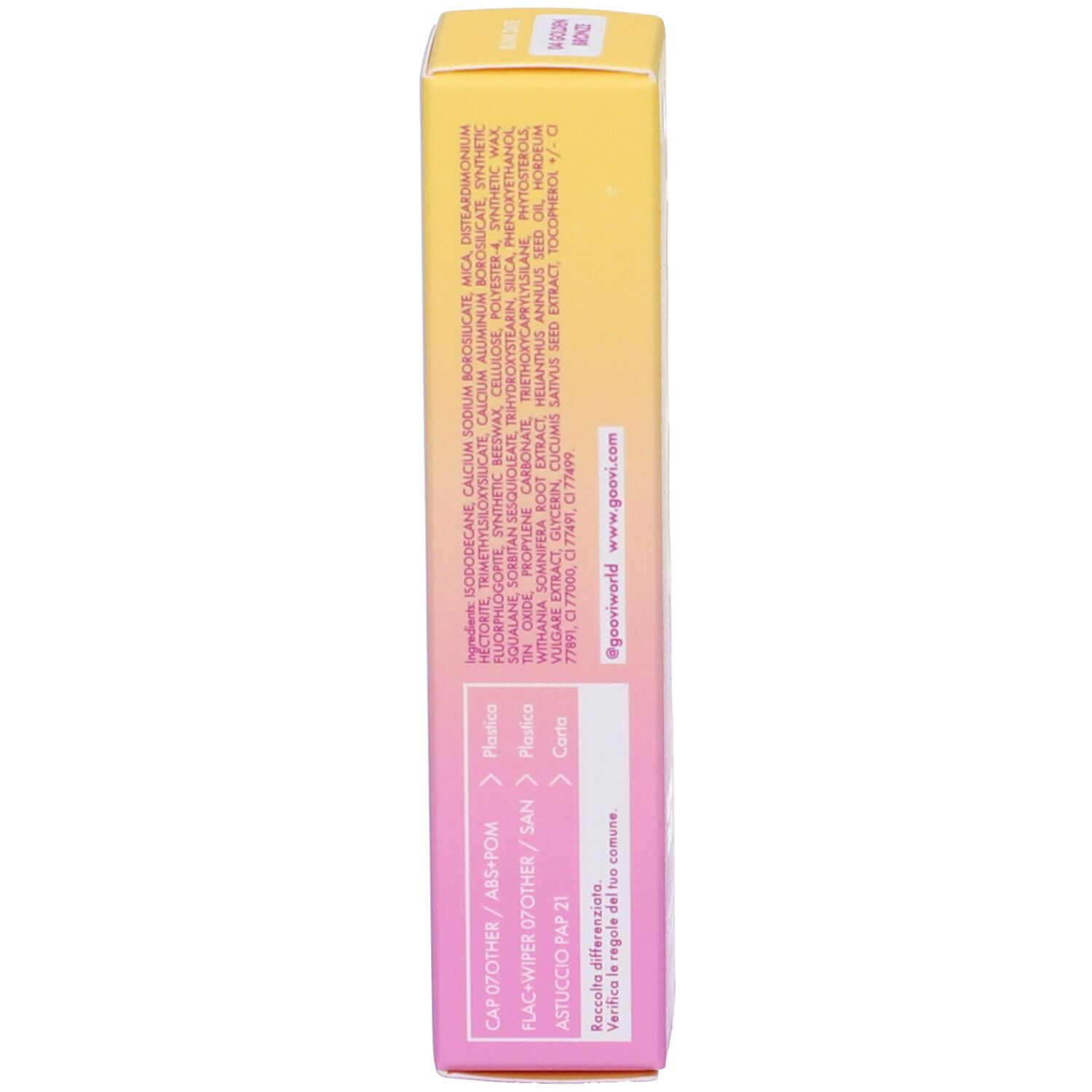 Confezione di Goovi Ombretto Liquido. Sfumatura giallo-rosa. Testo con ingredienti e informazioni. Simbolo di riciclaggio.