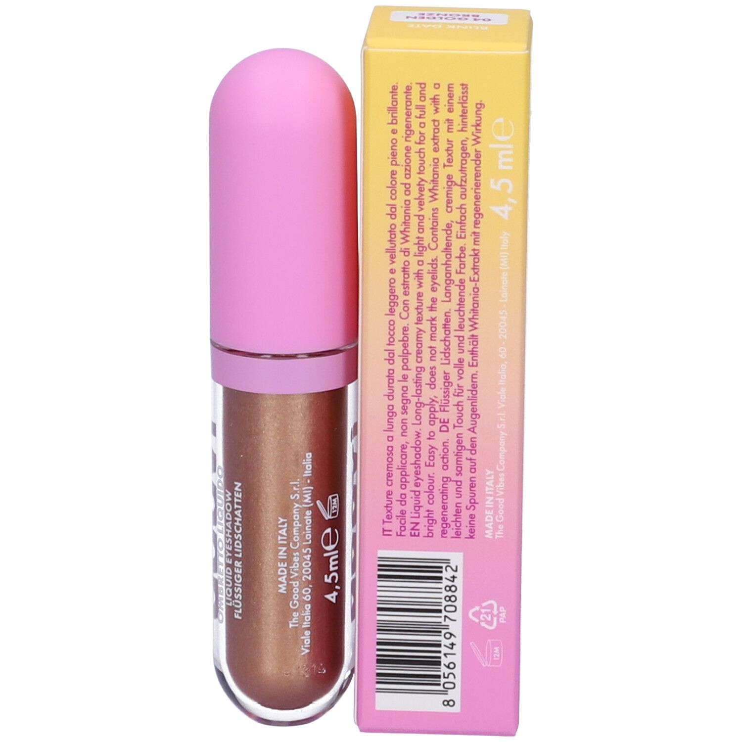 Goovi Ombretto Liquido, Golden Bronze. Flacone e confezione. Tappo rosa, liquido marrone dorato. Testo e volume 4,5 ml.