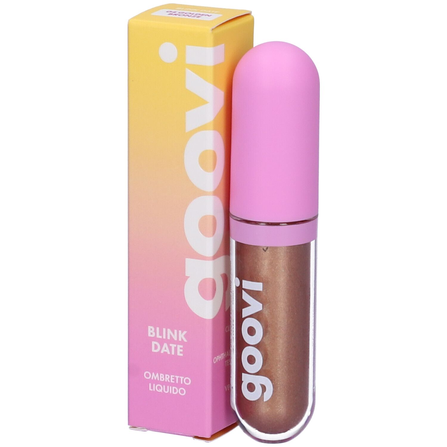 Goovi Ombretto Liquido, Golden Bronze. Flacone e confezione. Tappo rosa, liquido marrone dorato. Confezione giallo-rosa con testo.