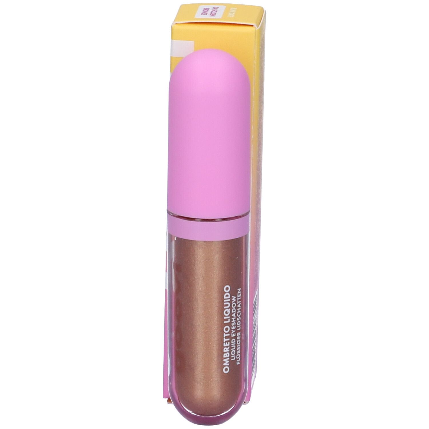 Goovi Ombretto Liquido, Golden Bronze. Flacone e confezione. Tappo rosa, liquido marrone dorato. Testo: Ombretto Liquido, ombretto liquido.