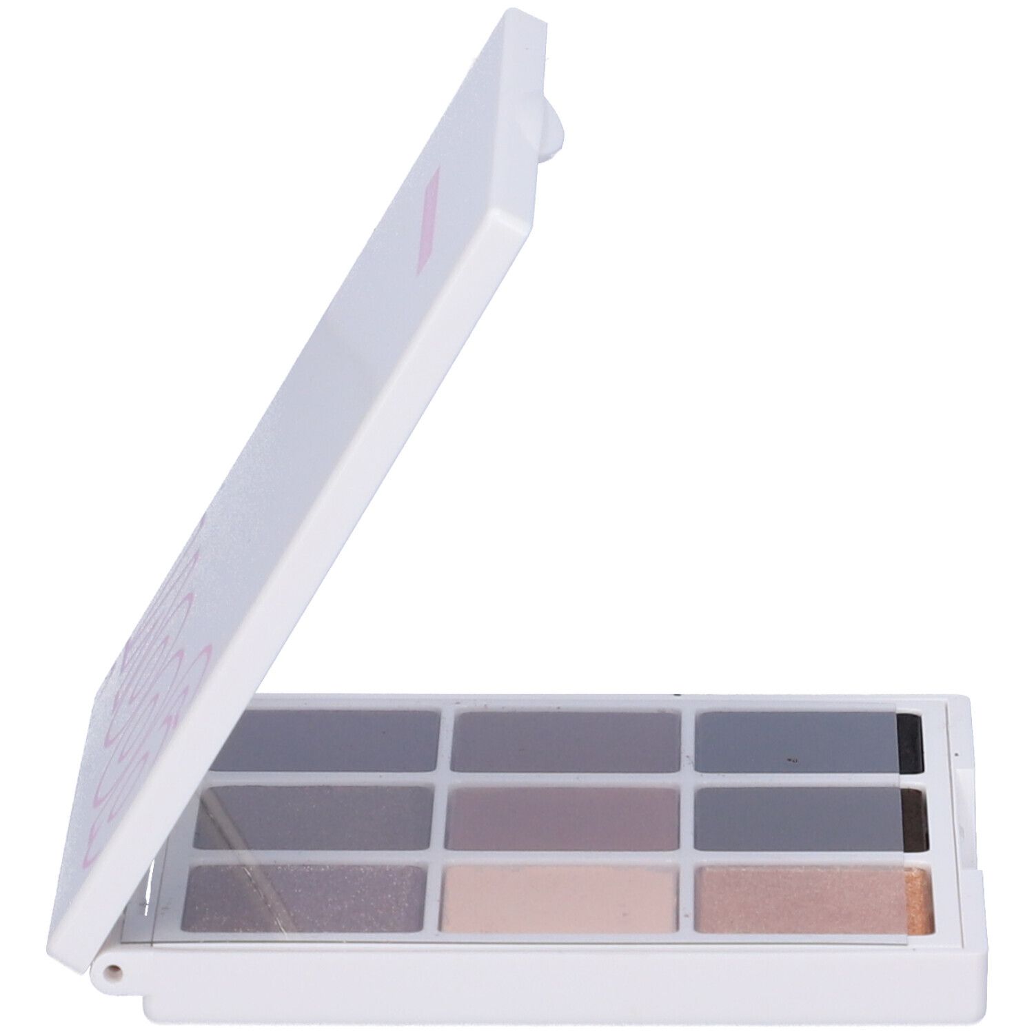 Palette ombretti bianca con 9 tonalità. Aperta, mostra 9 tonalità rettangolari. Coperchio stampato.