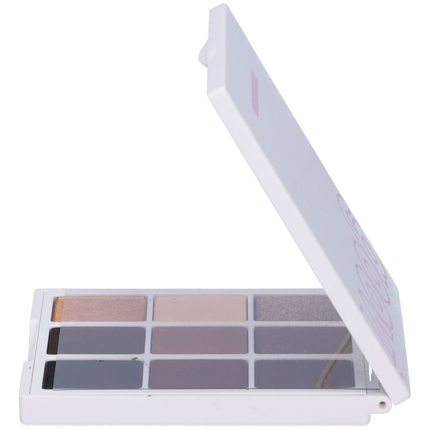 Palette ombretti bianca con 9 tonalità. Aperta, mostra 9 tonalità rettangolari. Coperchio stampato.