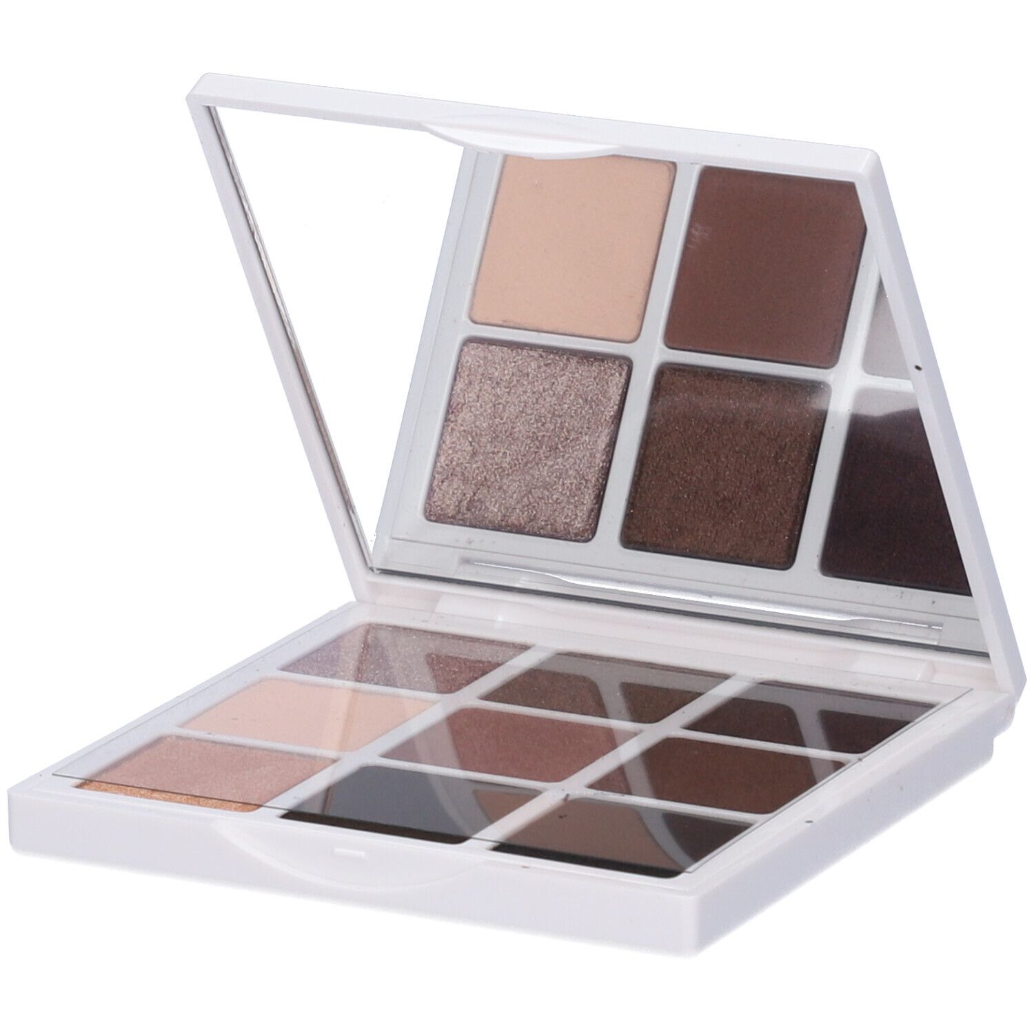 Palette ombretti bianca con 9 tonalità. Contiene uno specchio. Sei tonalità quadrate e tre rettangolari.