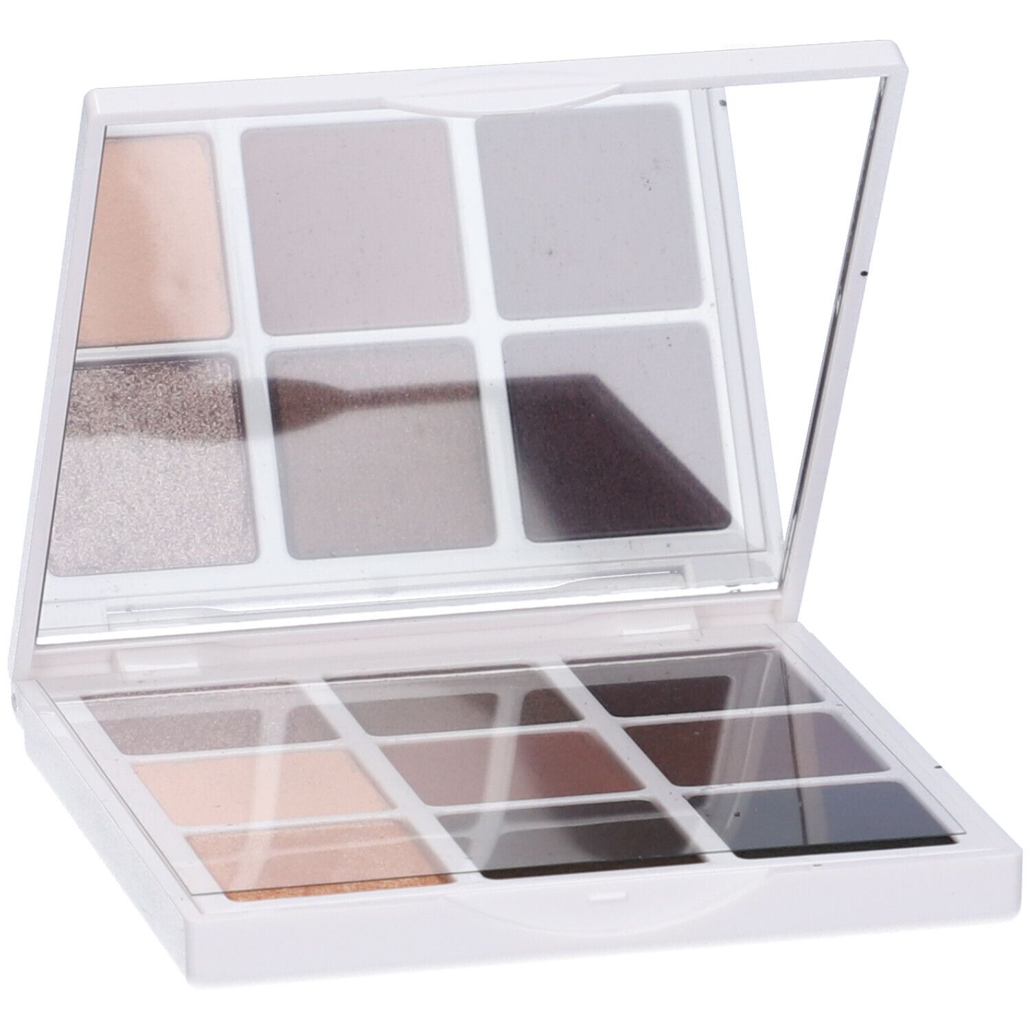 Palette ombretti bianca con 9 tonalità. Contiene uno specchio. Sei tonalità quadrate e tre rettangolari.