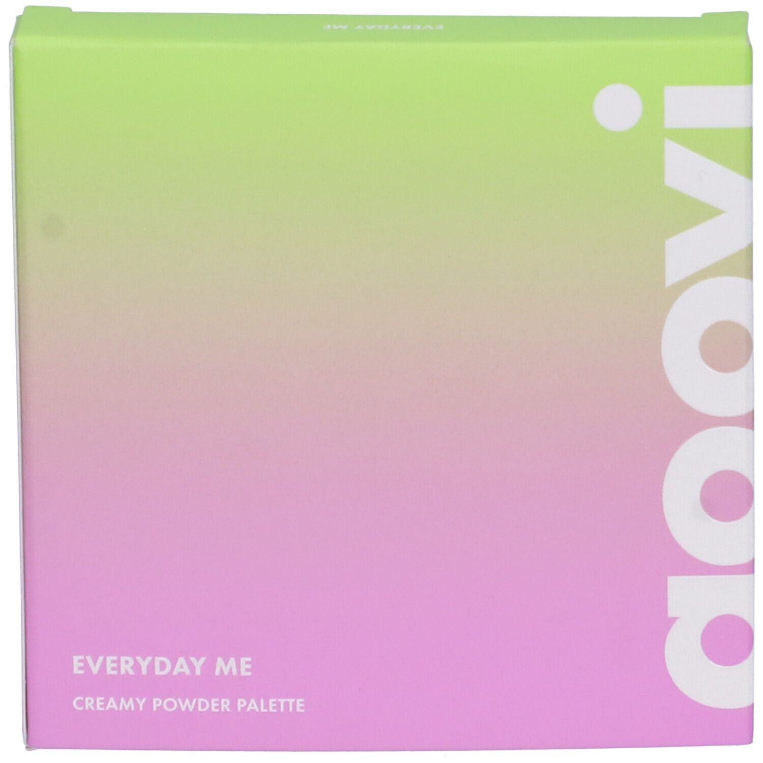 Confezione con sfumatura verde-rosa. Scritta: Everyday Me Creamy Powder Palette e Goovi.