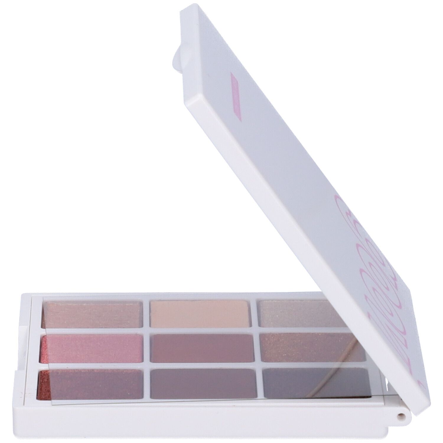 Weiße Lidschattenpalette mit 12 neutralen Farbtönen, geöffnet.