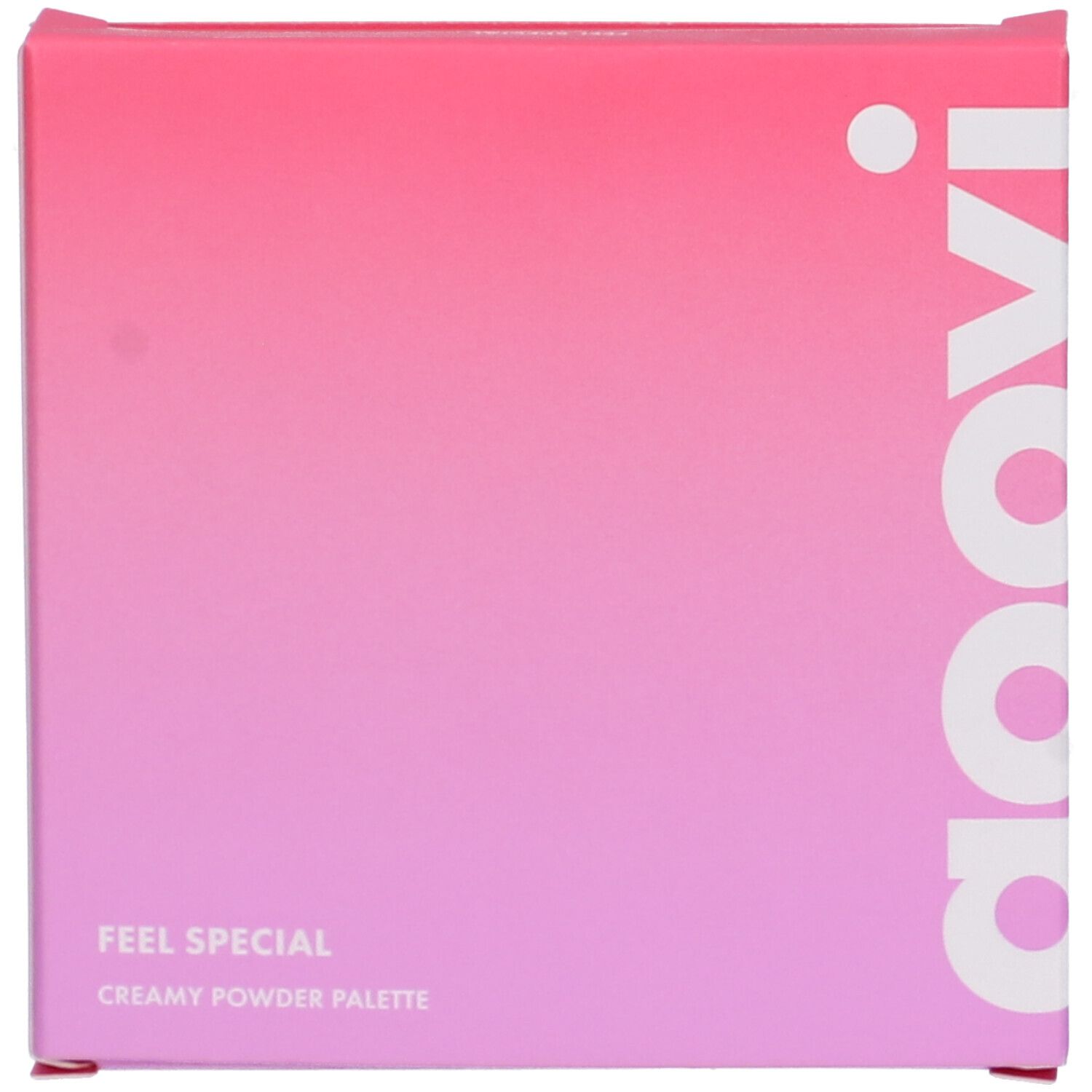 Verpackung einer cremigen Puderpalette mit Farbverlauf von Pink zu Lila und weißem Schriftzug 'feel special' und 'creamy powder palette'.
