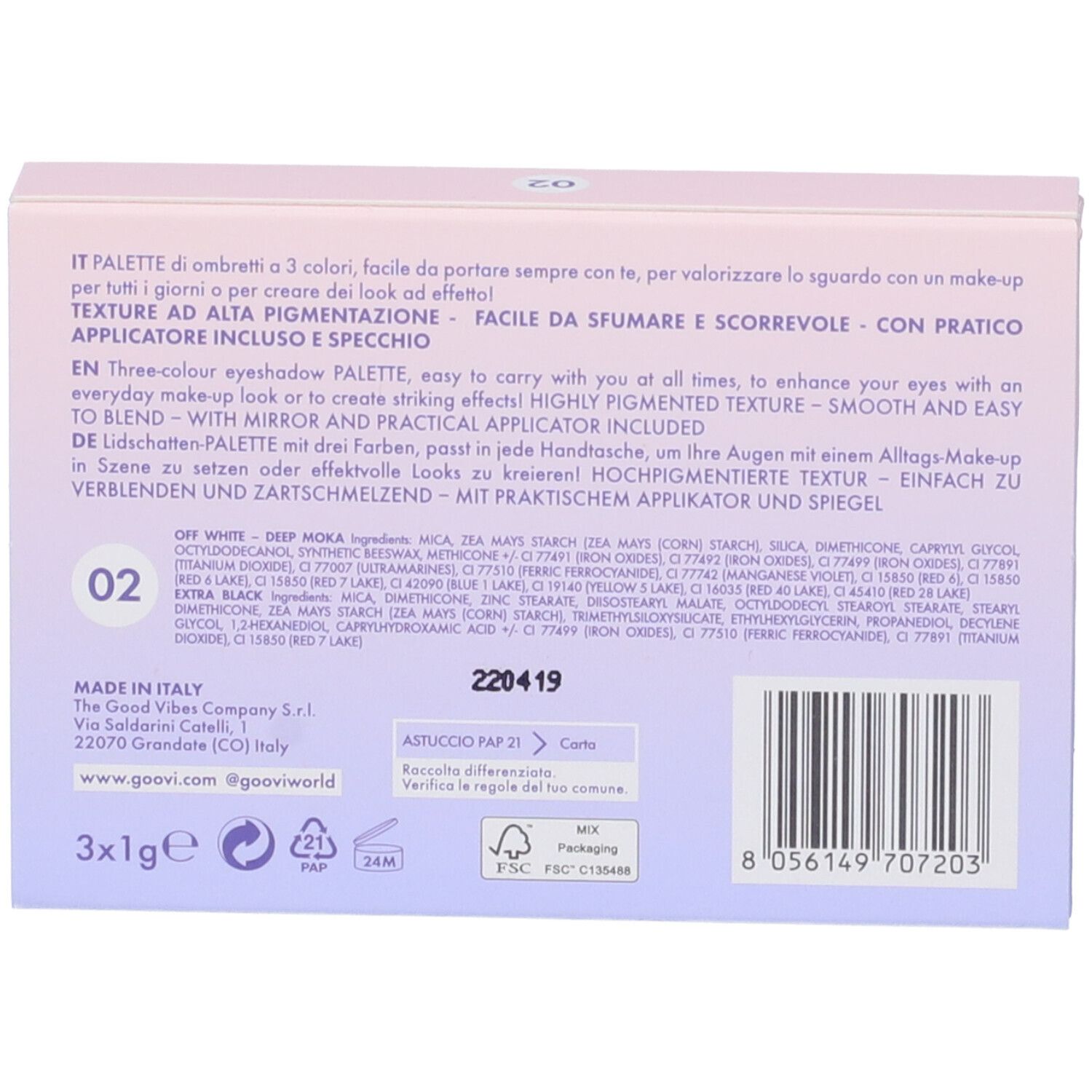Retro della palette. Testo e ingredienti. Tonalità 02. Codice a barre.