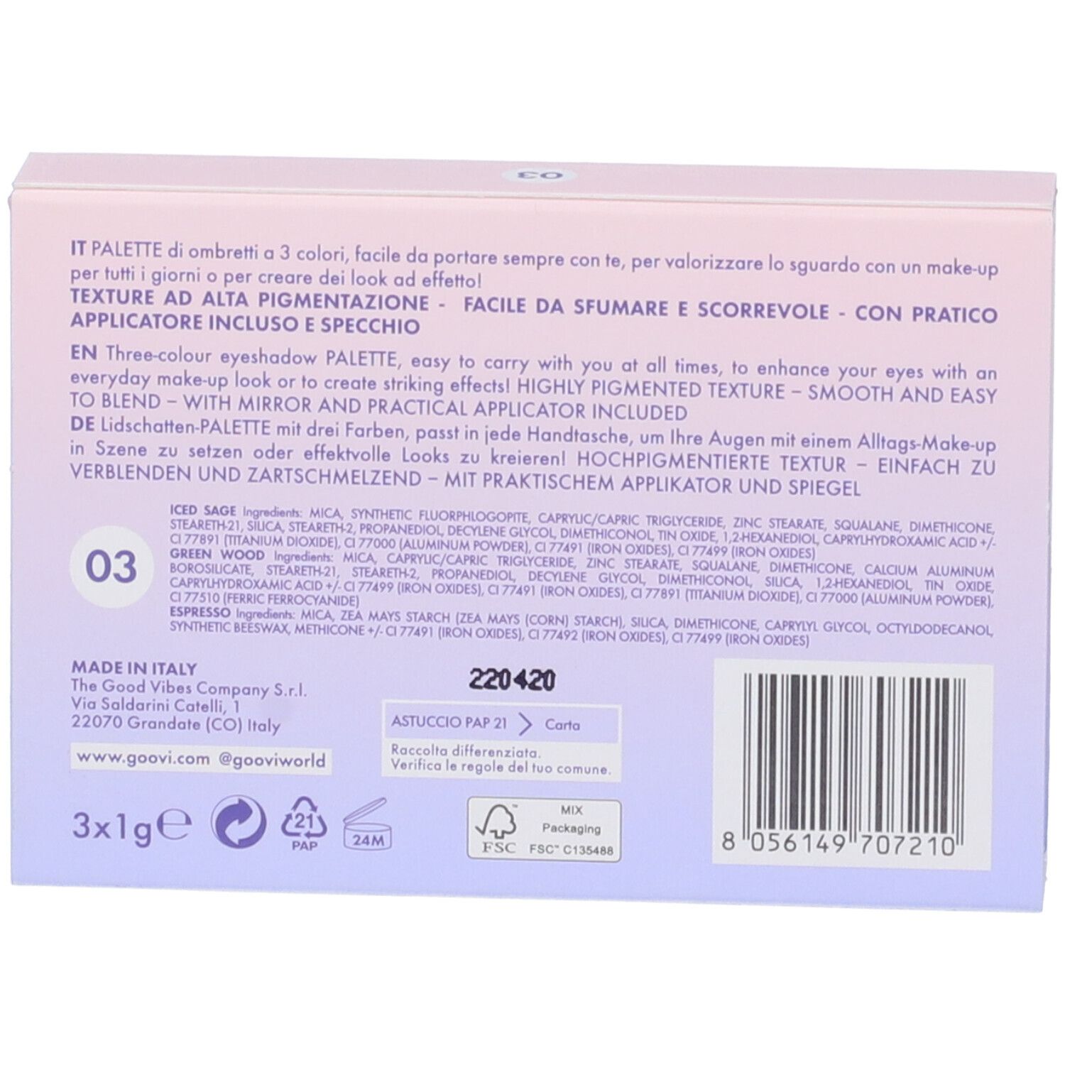 Retro della palette Goovi Easy On Me Ombretti. Ingredienti, codice a barre, testo e logo.