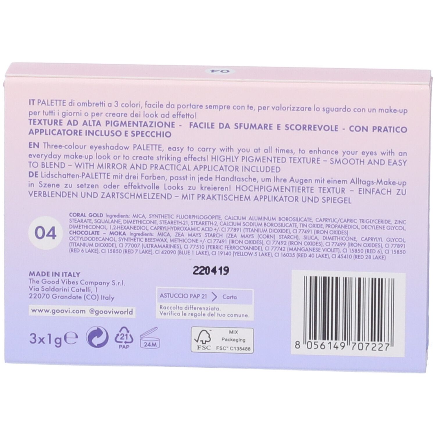 Retro della palette ombretti goovi. Ingredienti, testo, codice a barre e loghi. Con specchio e applicatore.