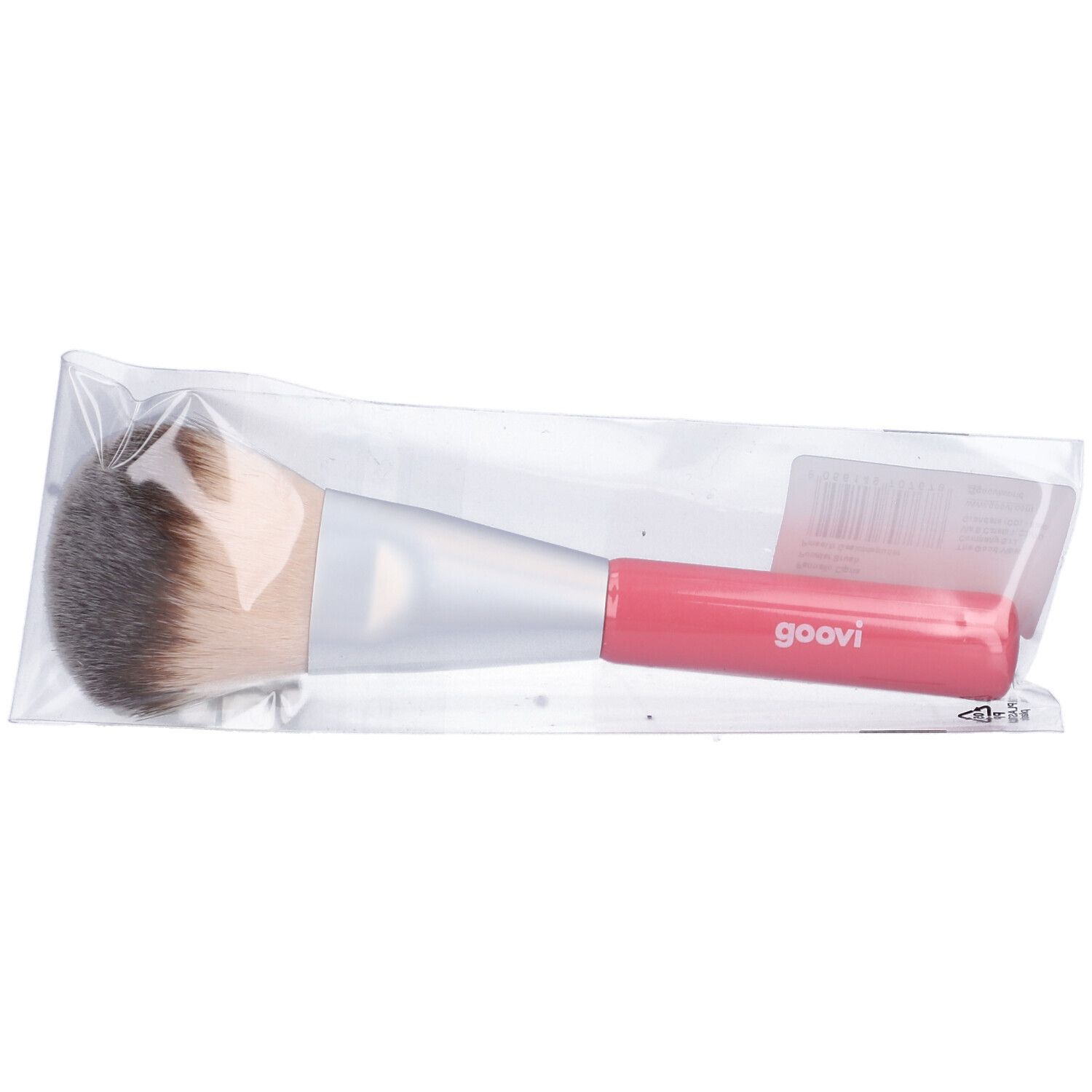 Pennello cipria in confezione di plastica. Manico rosa con scritta "goovi". Setole grigie e beige.