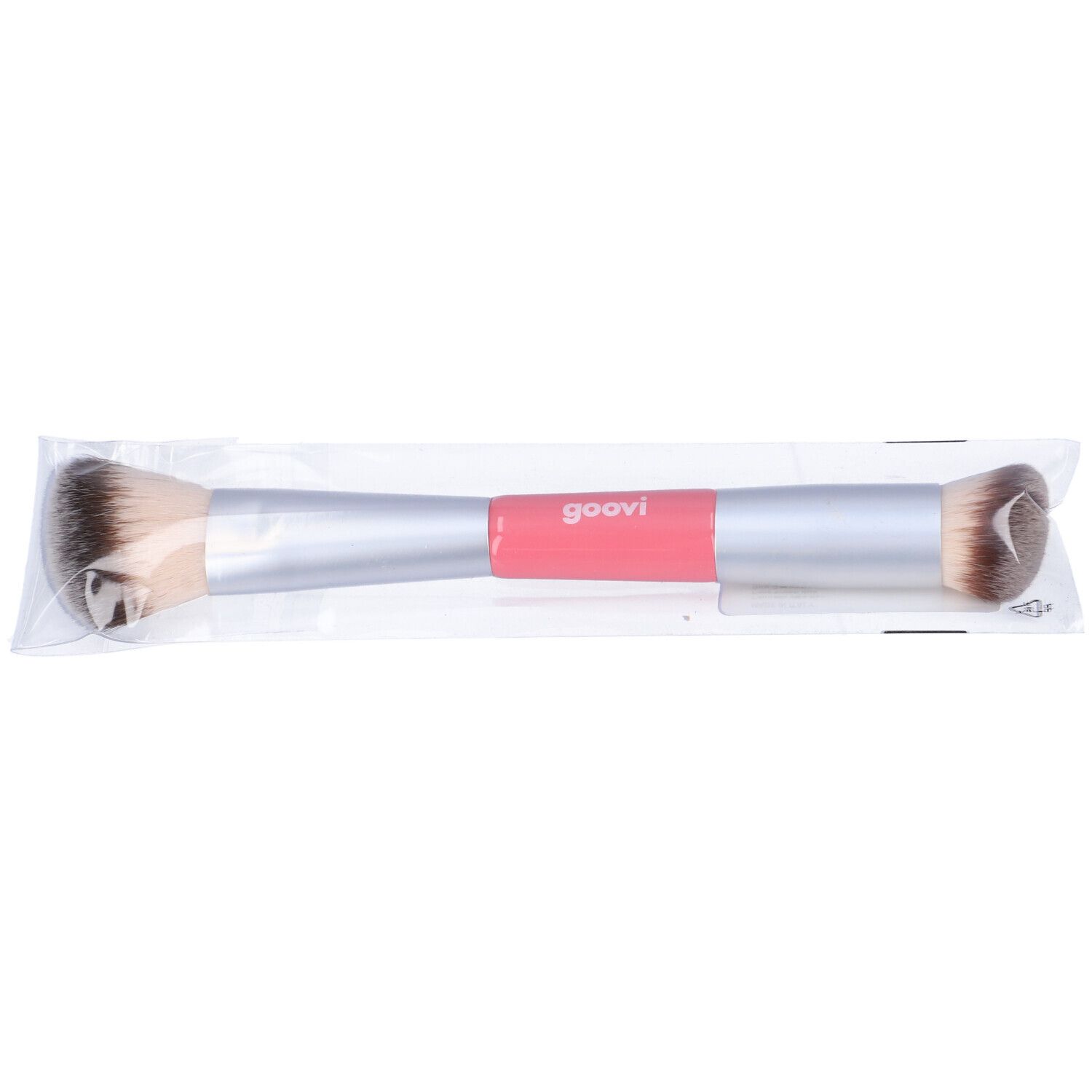 Pennello doppio viso in confezione di plastica. Fascia rosa con scritta "goovi". Due testine con setole diverse.